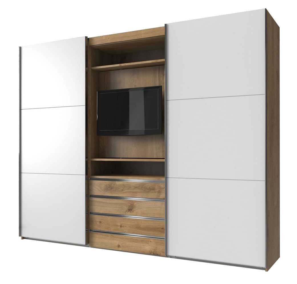 Wimex Schwebetürenschrank Magie (Magie, Schwebetürenschrank) 300x65x236cm  Plankeneiche / weiß, mit drehbarem TV-Element