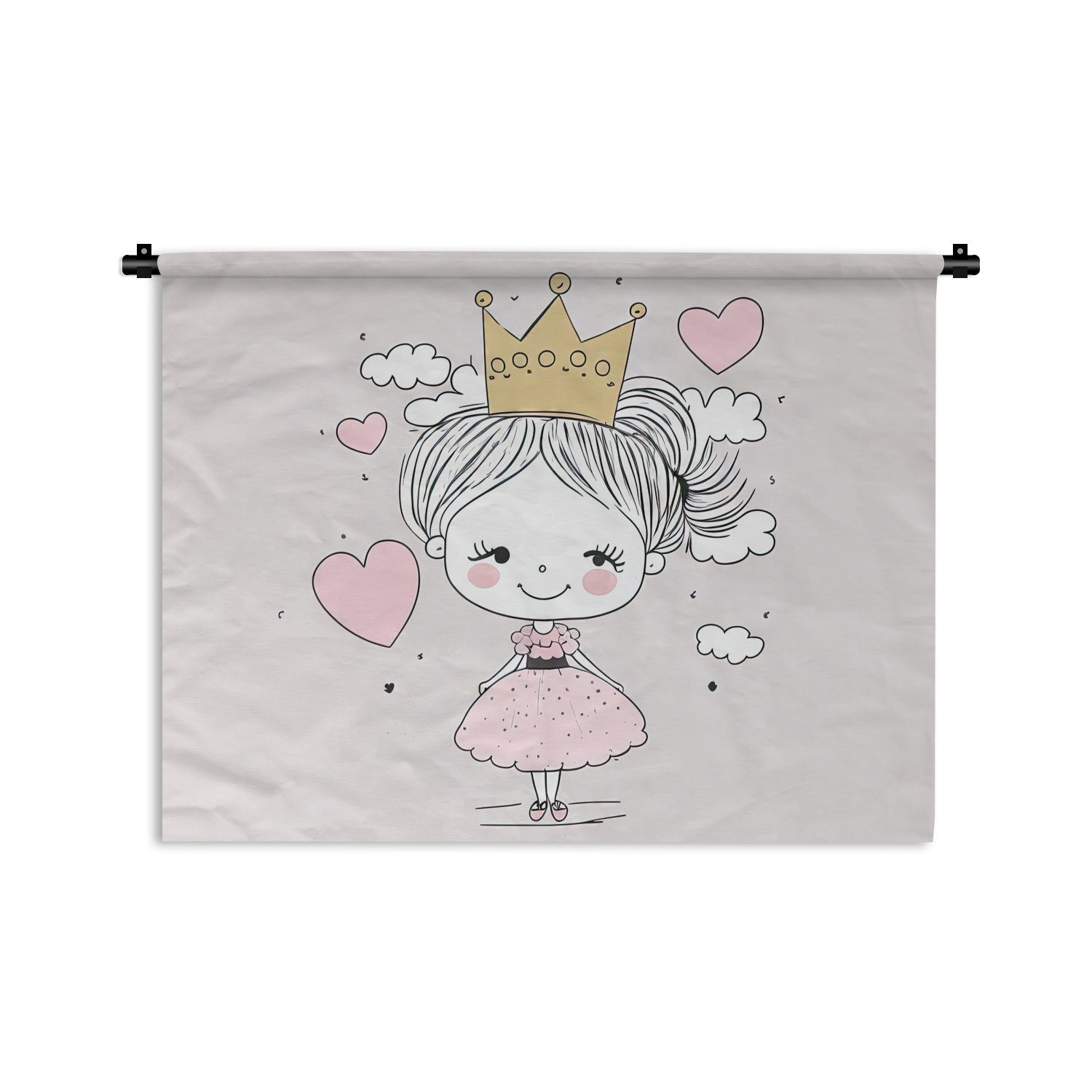 Prinzessin Mädchen Kinderzimmer - - Wandbehang, Wohnzimmer, Wanddekoobjekt - Kleid, Rosa Schlafzimmer, Krone Pastell, Wanddeko - MuchoWow für