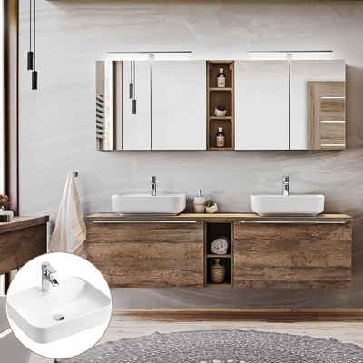 Lomadox Waschtisch-Set PUEBLA-56, (Spar-Set, 11-St., 11-tlg), Eiche 180cm Waschtischunterschrank Waschbecken Regal Spiegelschrank
