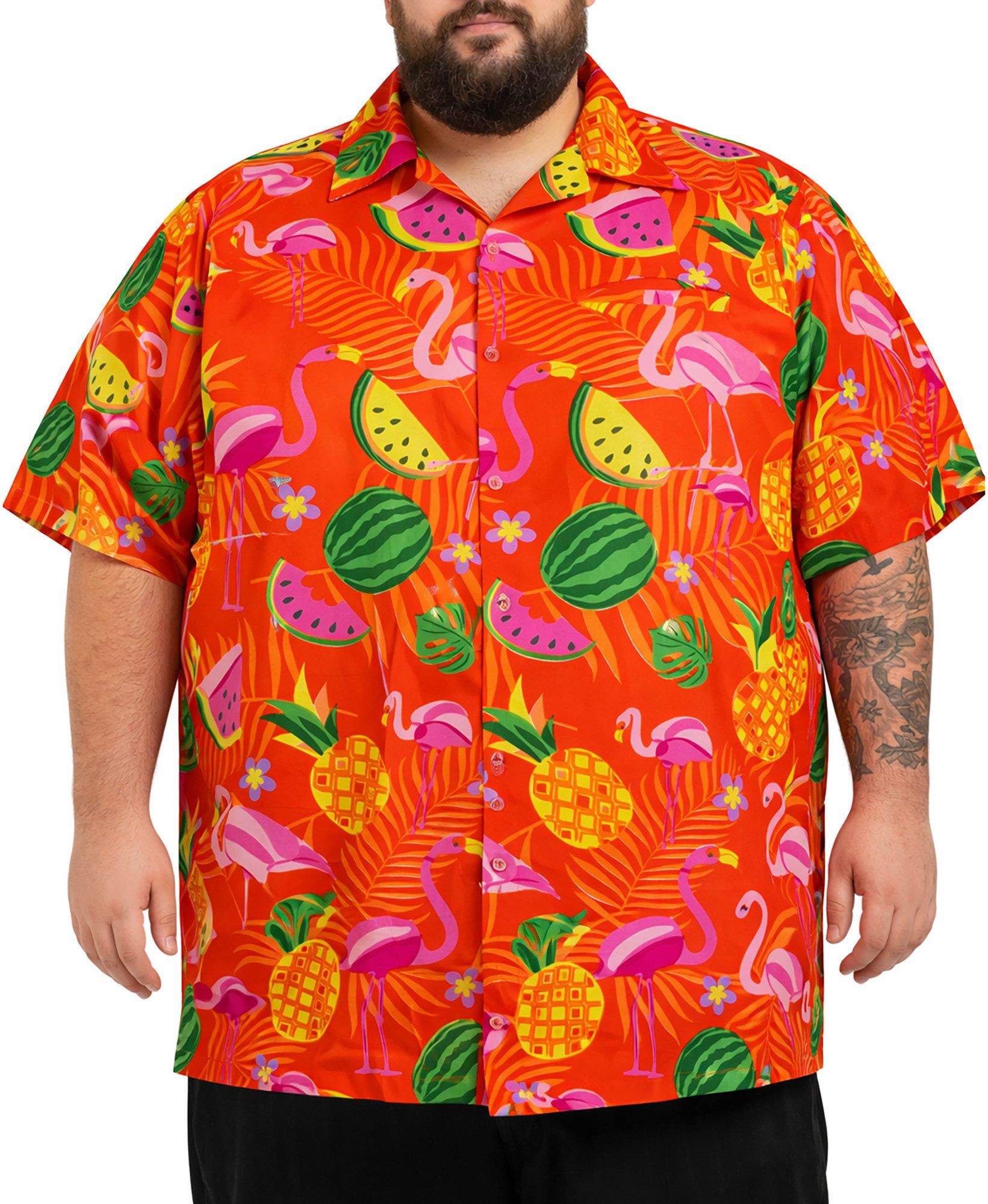 King Kameha Hawaiihemd Flamingo Melone Übergrößen 7XL-12XL Sommerhemd Kurzarm Front-Tasche