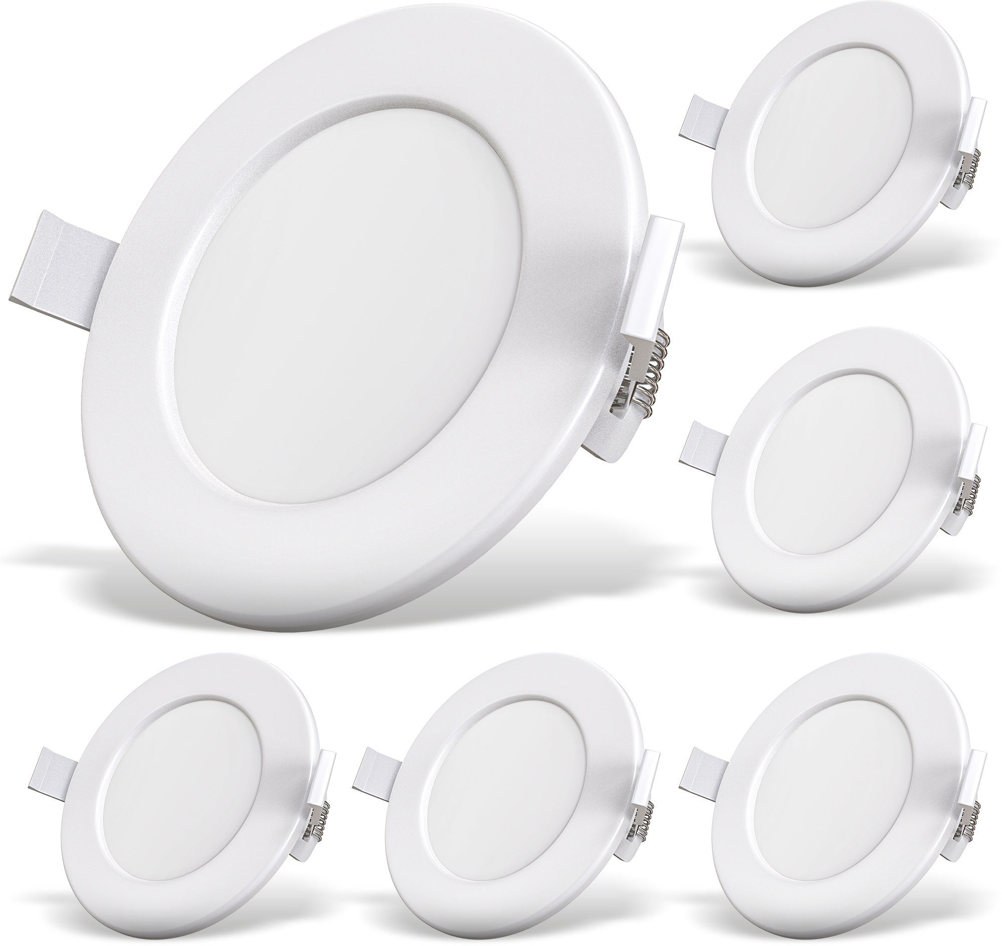 B.K.Licht LED Einbauleuchte BK_EL1273 Weiß, LED 6er Warmweiß, Bad-Einbaustrahler, Set, Warmweißes Außenmaß, IP44, 3.000K, Lochbohrung, Badleuchten Ø10cm LED Ø11,5cm integriert, fest Licht, 450Lm