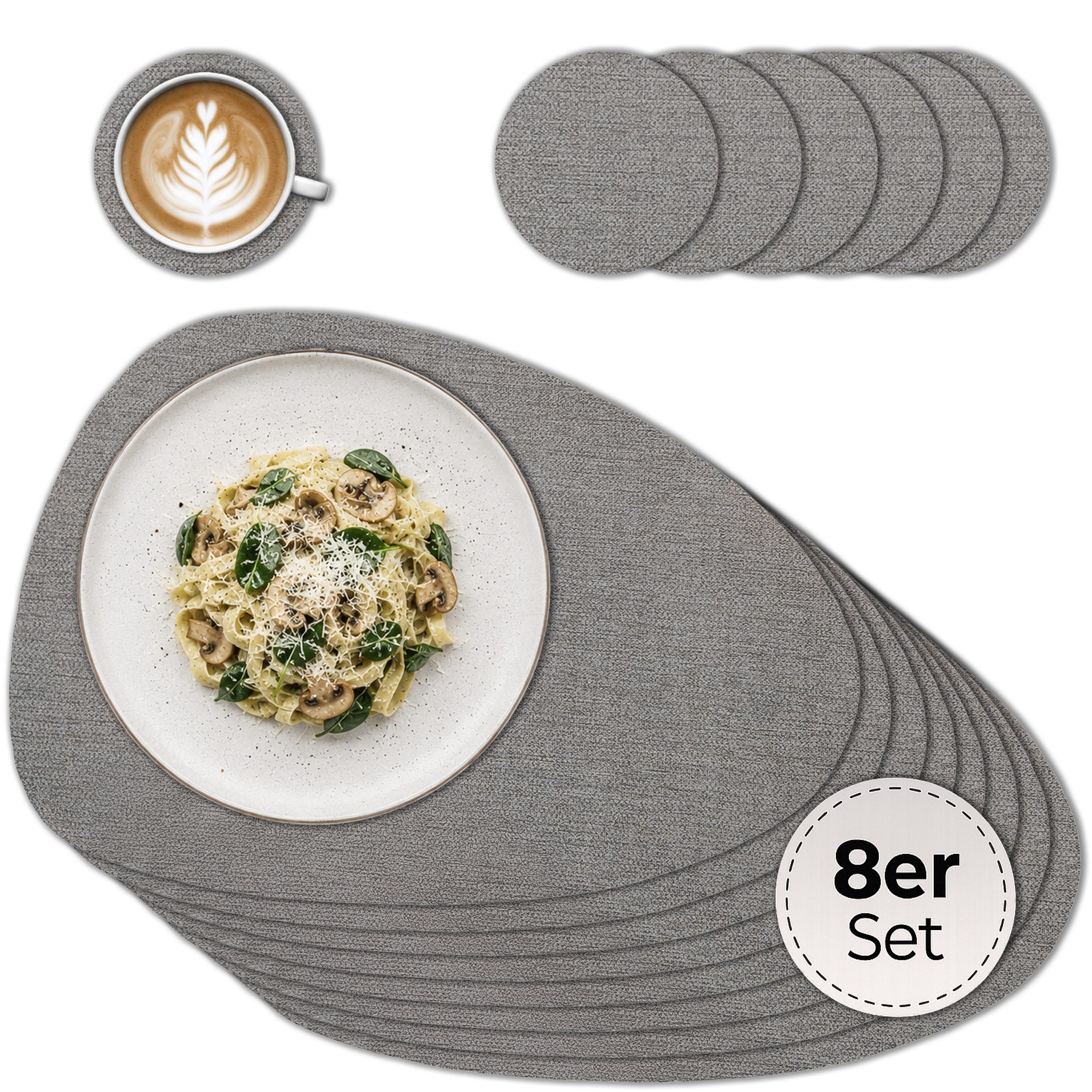 matches21 HOME & HOBBY Platzset Ovale Tischsets mit Glasuntersetzer 8er Set Greige Leinen Stoff-Optik, (8-St), Abwaschbare hitzebeständige PVC Platzsets