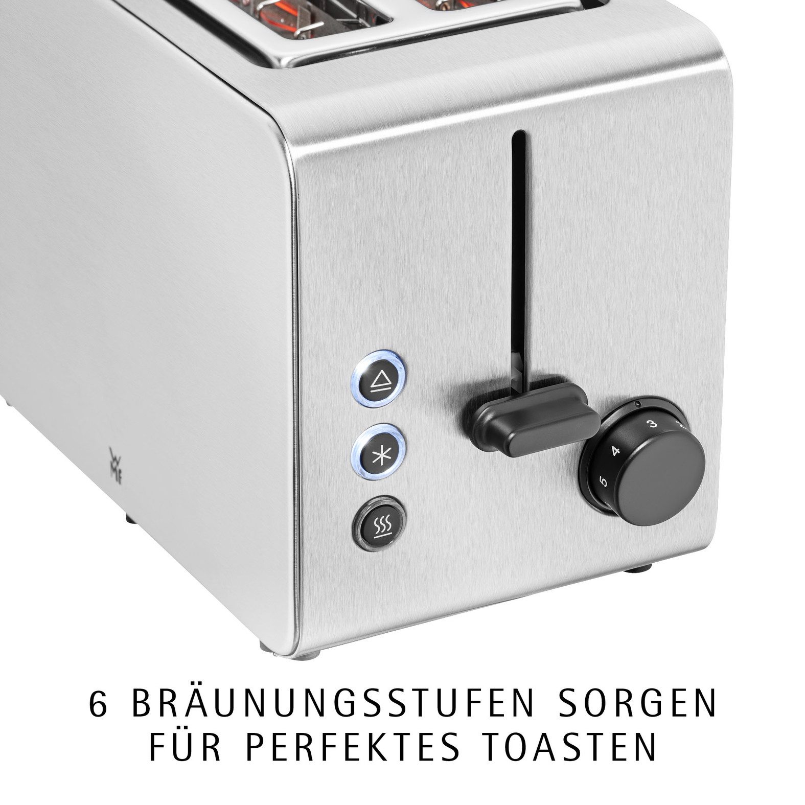 WMF Toaster Stelio Edition, 2-Schlitz-Toaster, Brötchenaufsatz, 7 Bräunungsstufen, 2 kurze Schlitze, für 2 Scheiben, 1050 W, Brotzentrierung, Krümelschublade, seidenmattes Cromargan Gehäuse