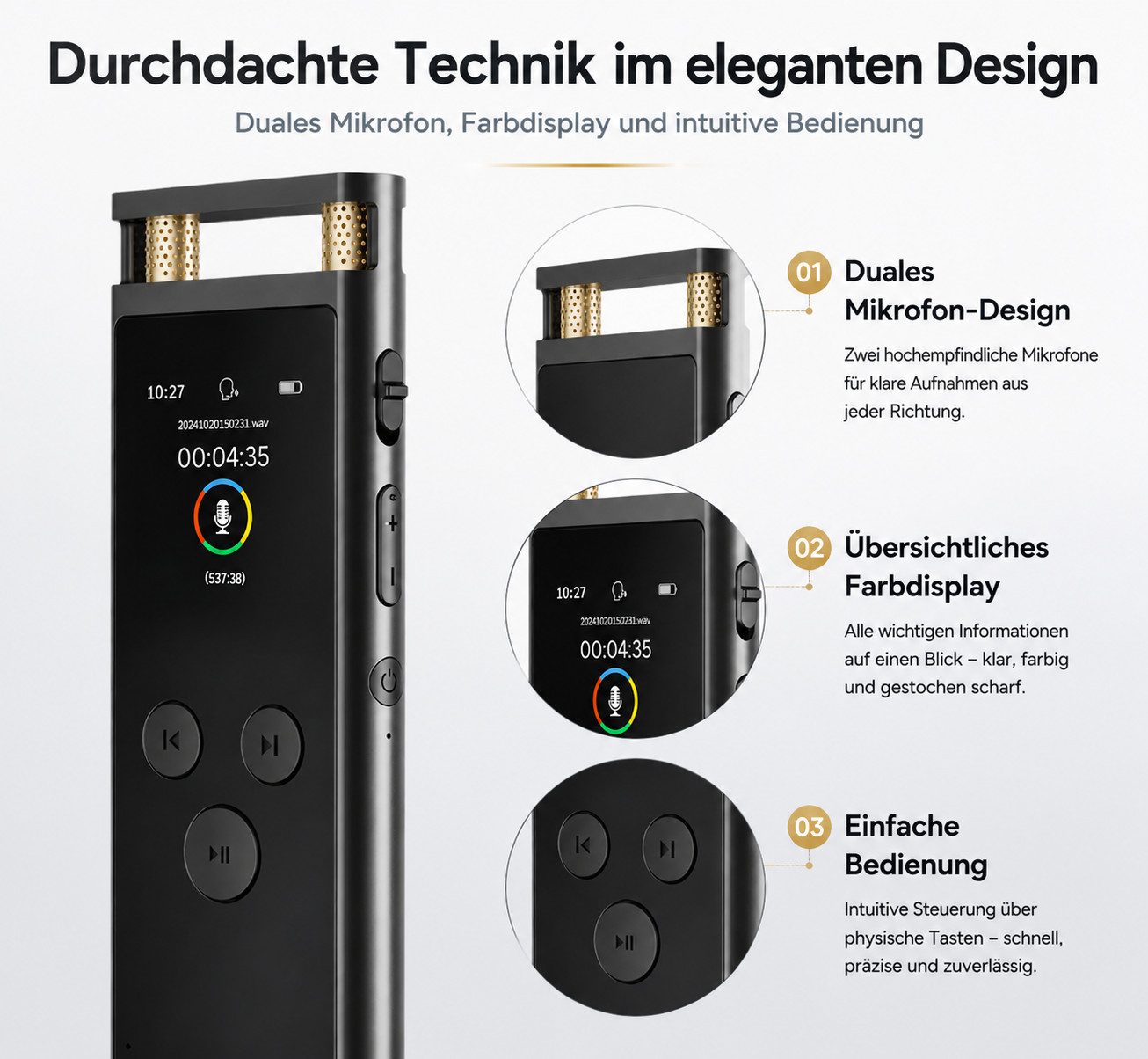 XEOOCE KI Diktiergerät 64GB - AI Transkription Sprachaufnahme App Digitales Aufnahmegerät – Bild 3 von 5