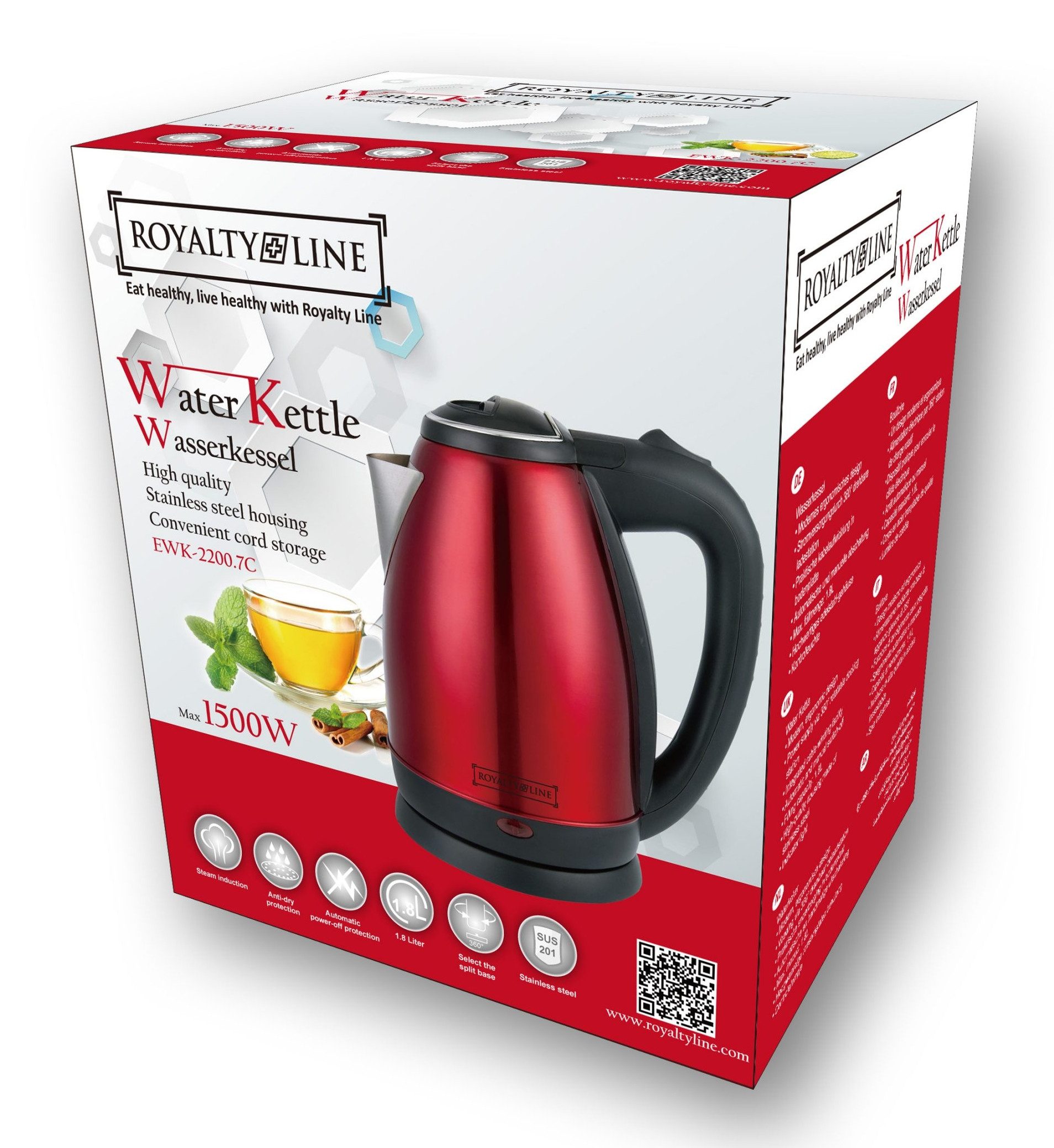 Royalty Line Wasserkocher Edelstahl Wasserkocher Teekocher 1,7L 1500W Royalty Line RL-SSK1.7L, 1500,00 W