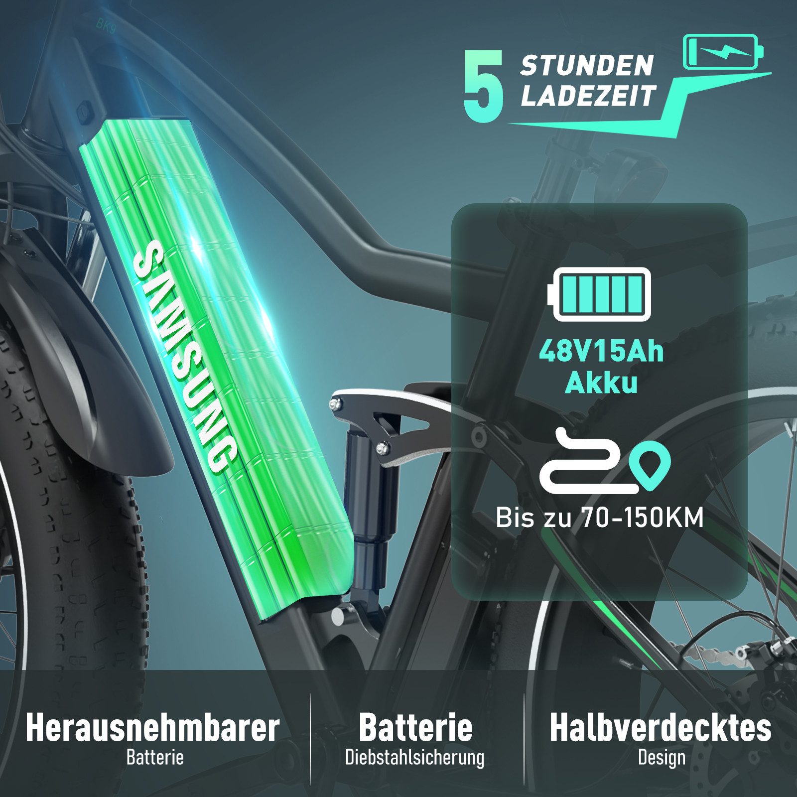 HITWAY E-Bike Mountainbike 26*4,0 Zoll Elektrofahrrad EMTB mit 48V15Ah Samsung Akku, 7 Gang shimano shimano Schaltwerk, Kettenschaltung, 250W Heckmotor, 720 Wh, Pedelec mit 2 Stoßdämpfer, APP Funktion E-Mountainbike für Erwachsene