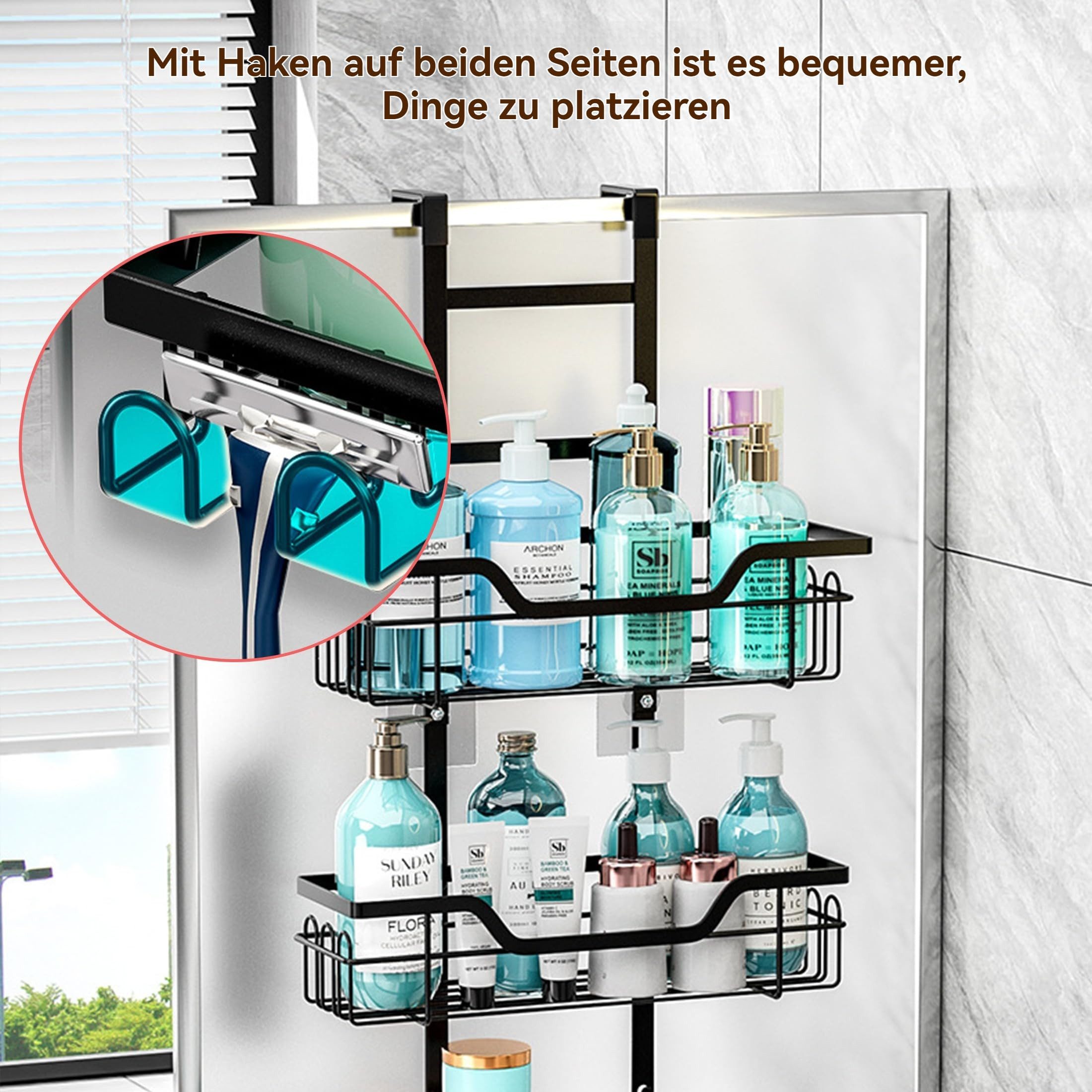 SURFOU Duschregal Duschablage zum Hängen – 3-stufiger Duschkorb mit Seifenhalter & Haken, Duschablage Ohne Bohren, Duschregal Ohne Bohren, Praktischer Hangerega – Bild 5 von 5
