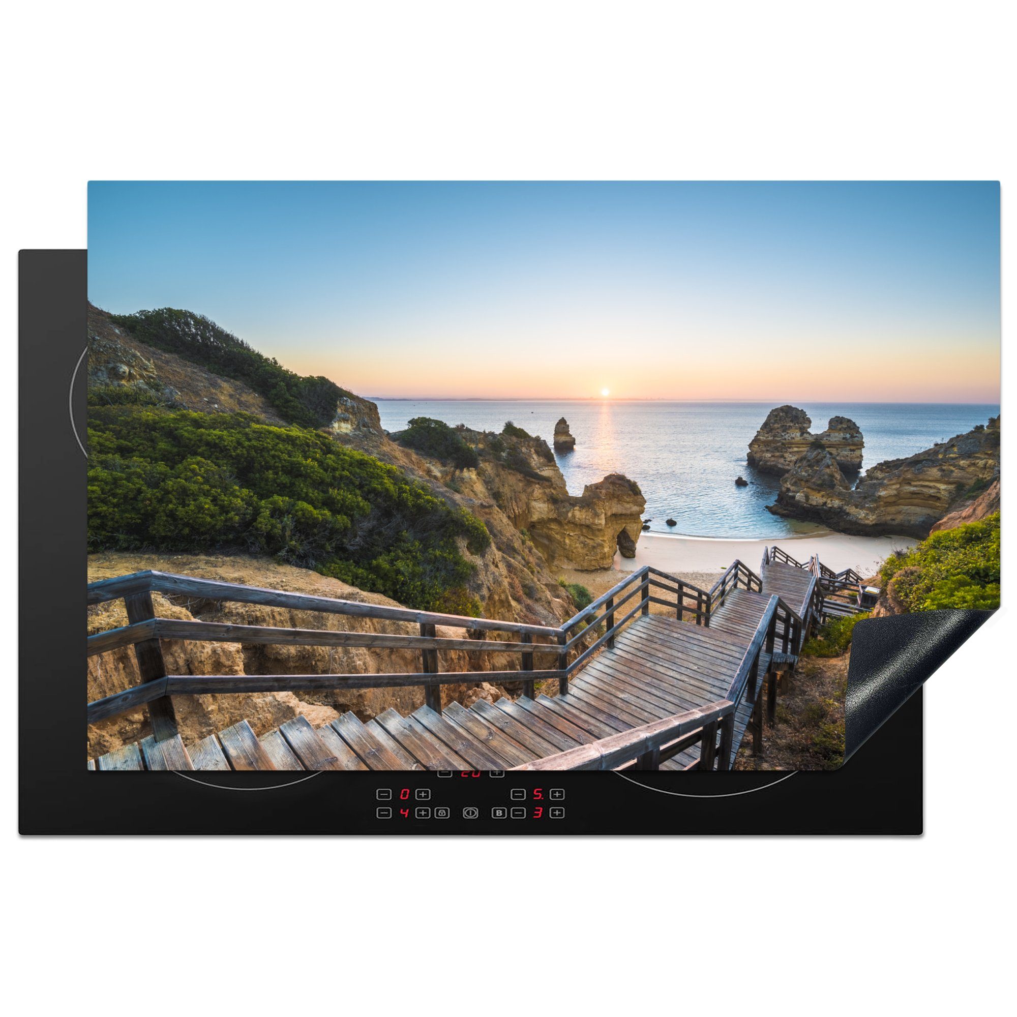 MuchoWow Herdblende-/Abdeckplatte Treppe zum Strand an der Algarve, Portugal, Vinyl, (1 tlg), 81x52 cm, Induktionskochfeld Schutz für die küche, Ceranfeldabdeckung
