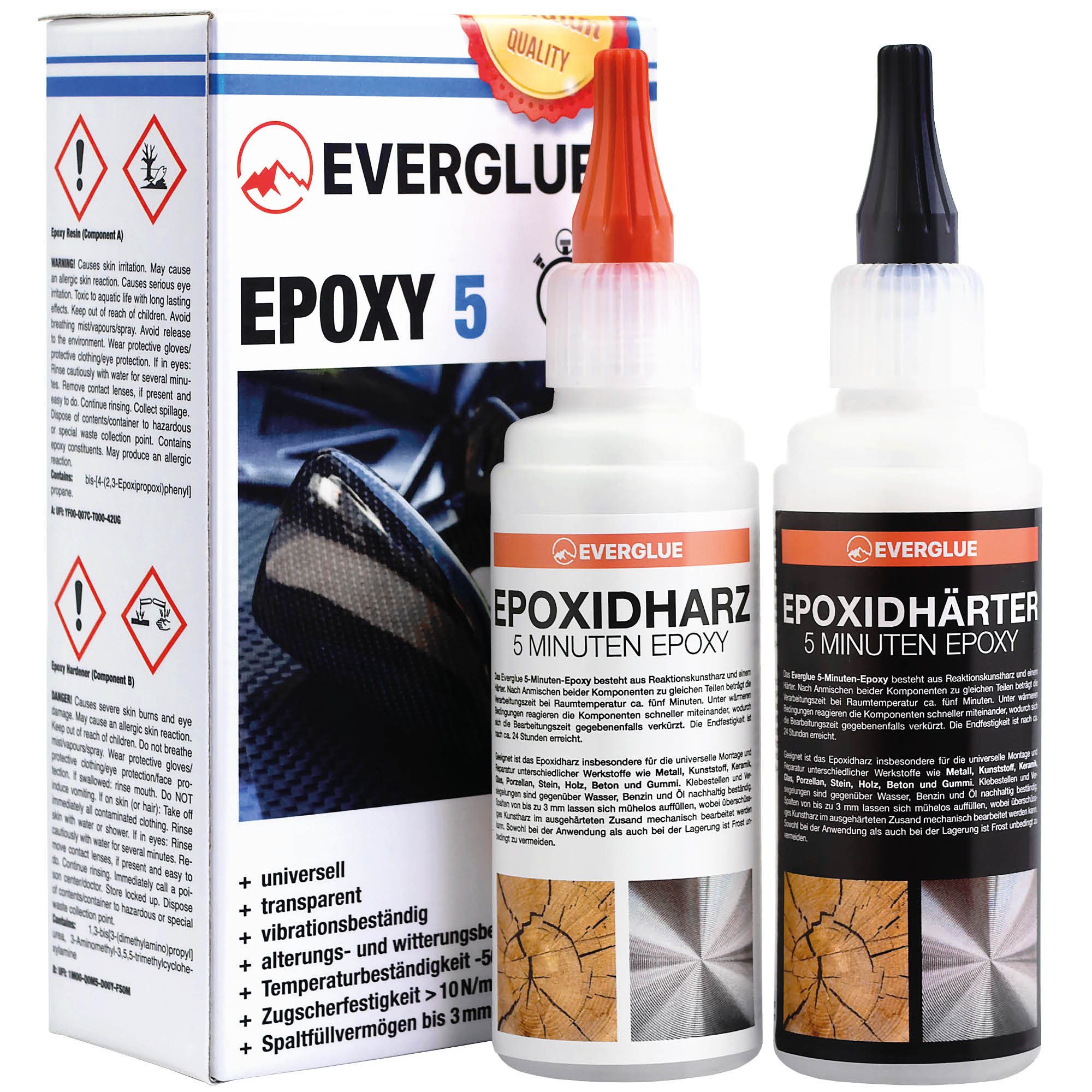 Everglue Epoxidharz Everglue 2K 5-Minuten-Epoxy Epoxidharz 200g Dosierflaschen 1:1, Der vielseitige 5-Minuten-Epoxidharzkleber für alle Anwendungen