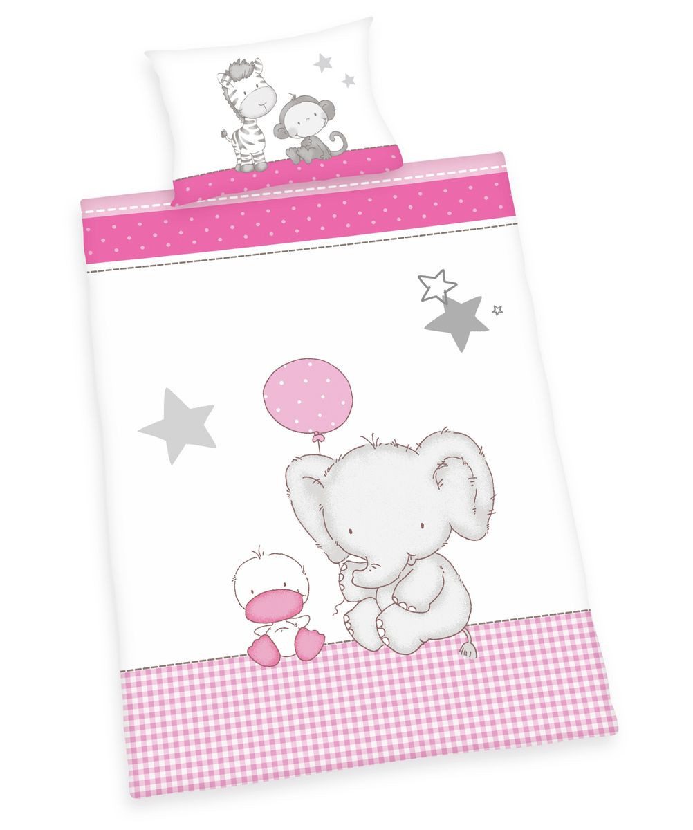Herding Babybettwäsche 100x135cm Zoo Elefant Zebra Affe Ballon Rosa, Renfor günstig online kaufen