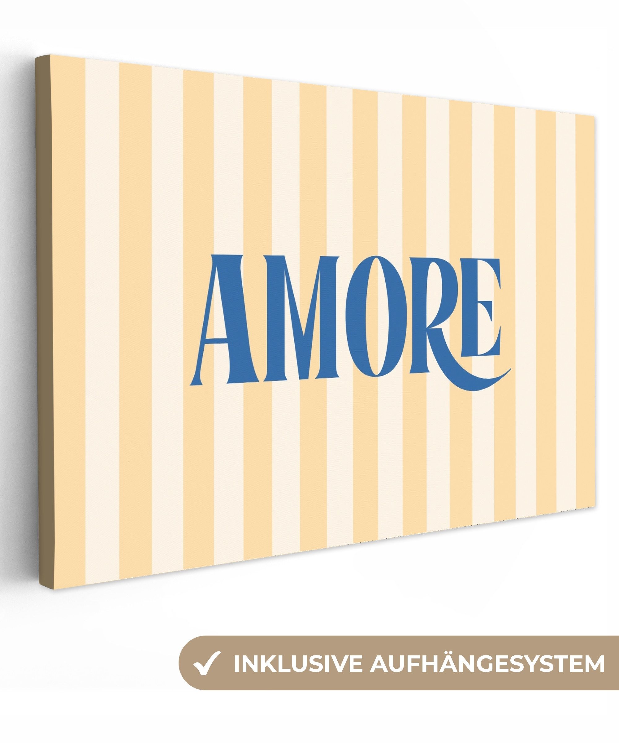 OneMillionCanvasses® Leinwandbild Blau – Gelb – Streifen – Amore, Fotodruck (1 St), Leinwandbilder XXL Wohnzimmer, Deko Aesthetic 150x100 cm