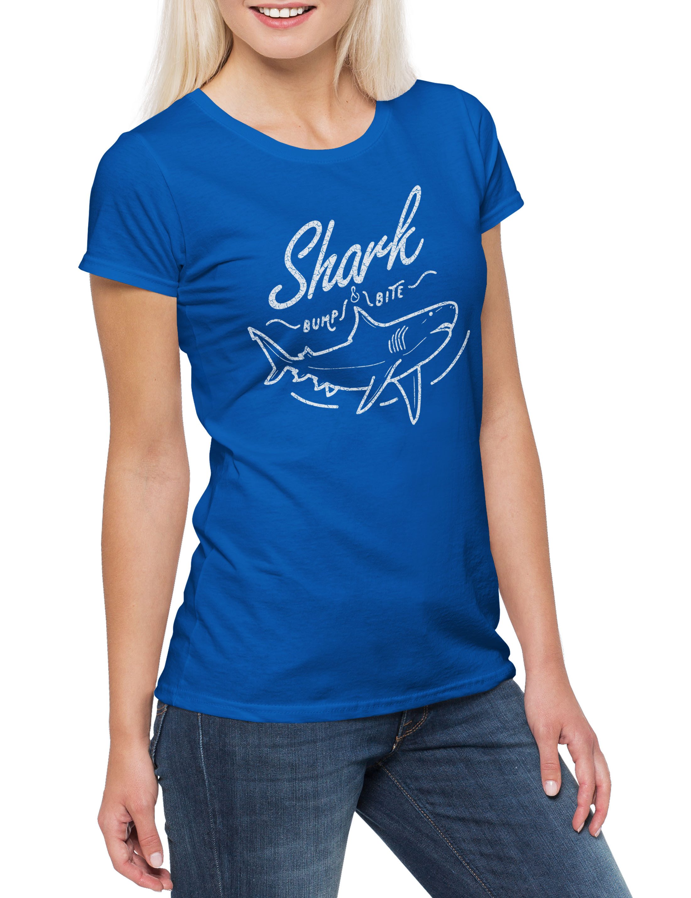 Print-Shirt Shark Bump & Bite Damen T-Shirt Hai Jaws Haie Boxer Surfer Surfen