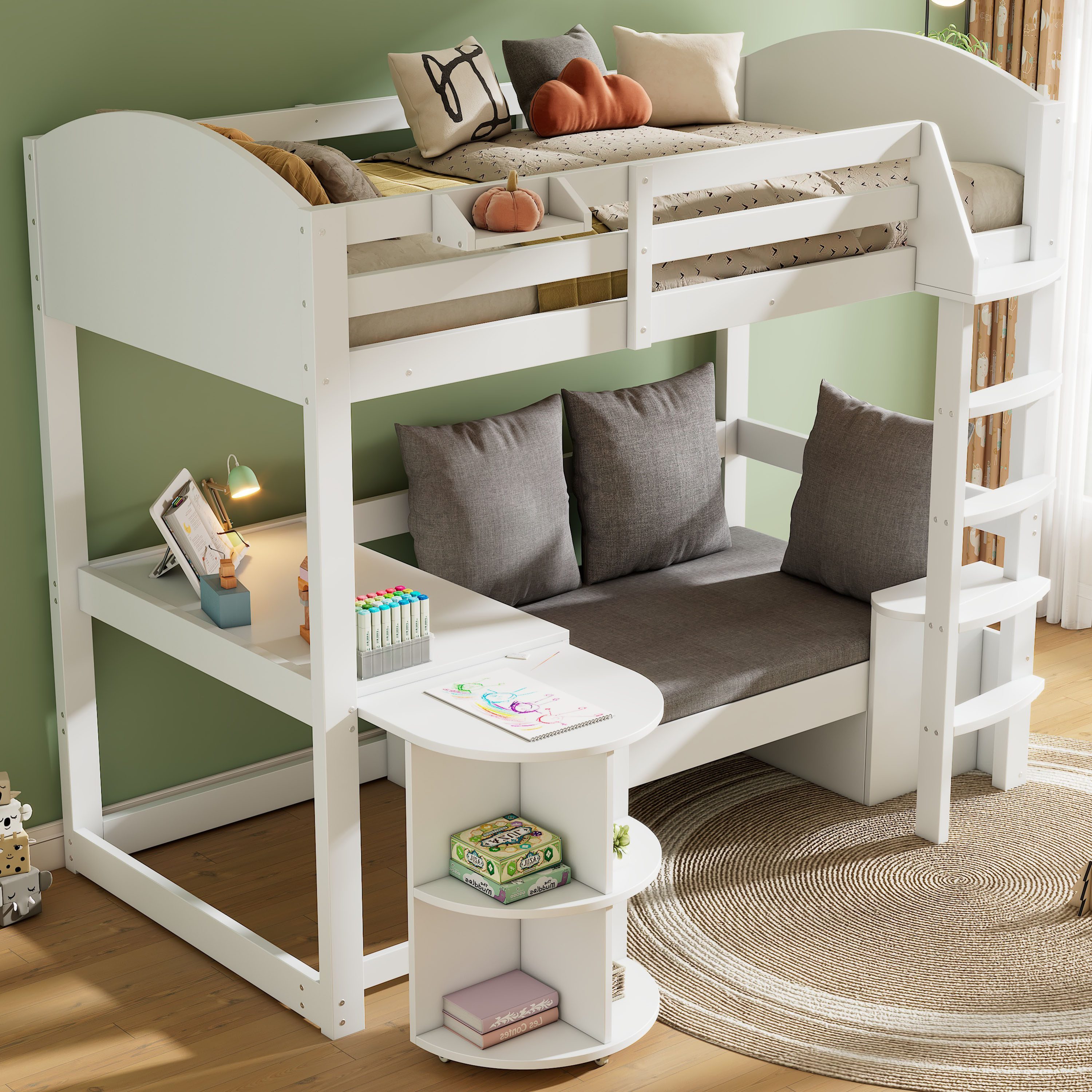 Flieks Hochbett Kinderbett 90x200cm mit ausziehbarem Tisch, Sofa mit Stauraum & Kissen