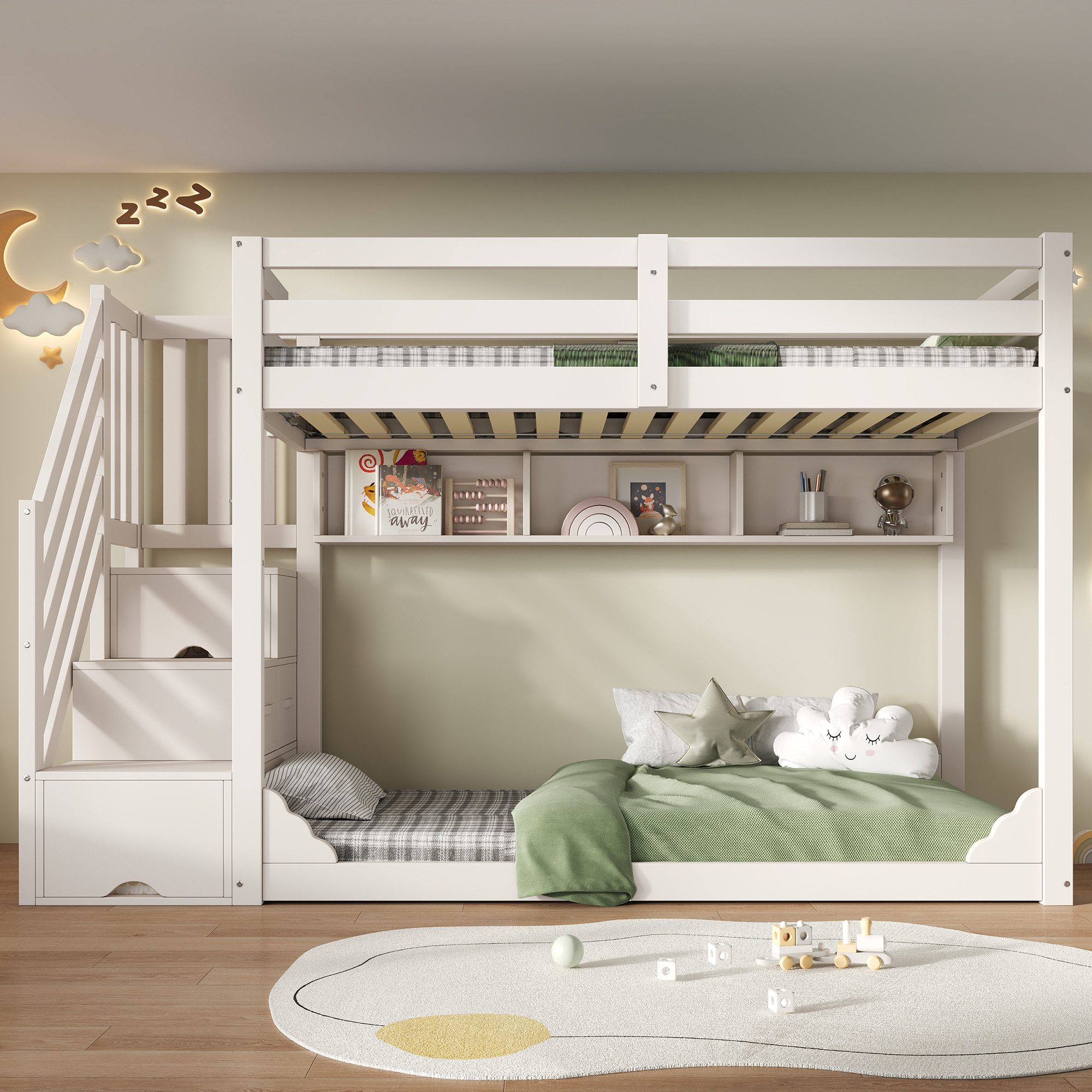 OKWISH Hochbett Bett 90x200 cm mit Treppenschrank und Stauraum, weiß (Etagenbett, 1-St., für Geschwister mit Sicherheitsgeländer und Ablagefächern) platzsparendes Holz Kinderbett (ohne Matratze)
