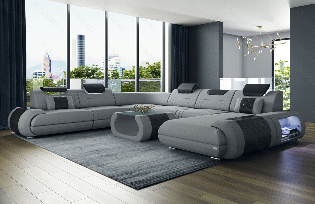 mit Rimini Couch Stoffsofa, wahlweise Polsterstoff hellgrau-schwarz Bettfunktion Mikrofaser M Stoff Dreams Wohnlandschaft Sofa Sofa XXL