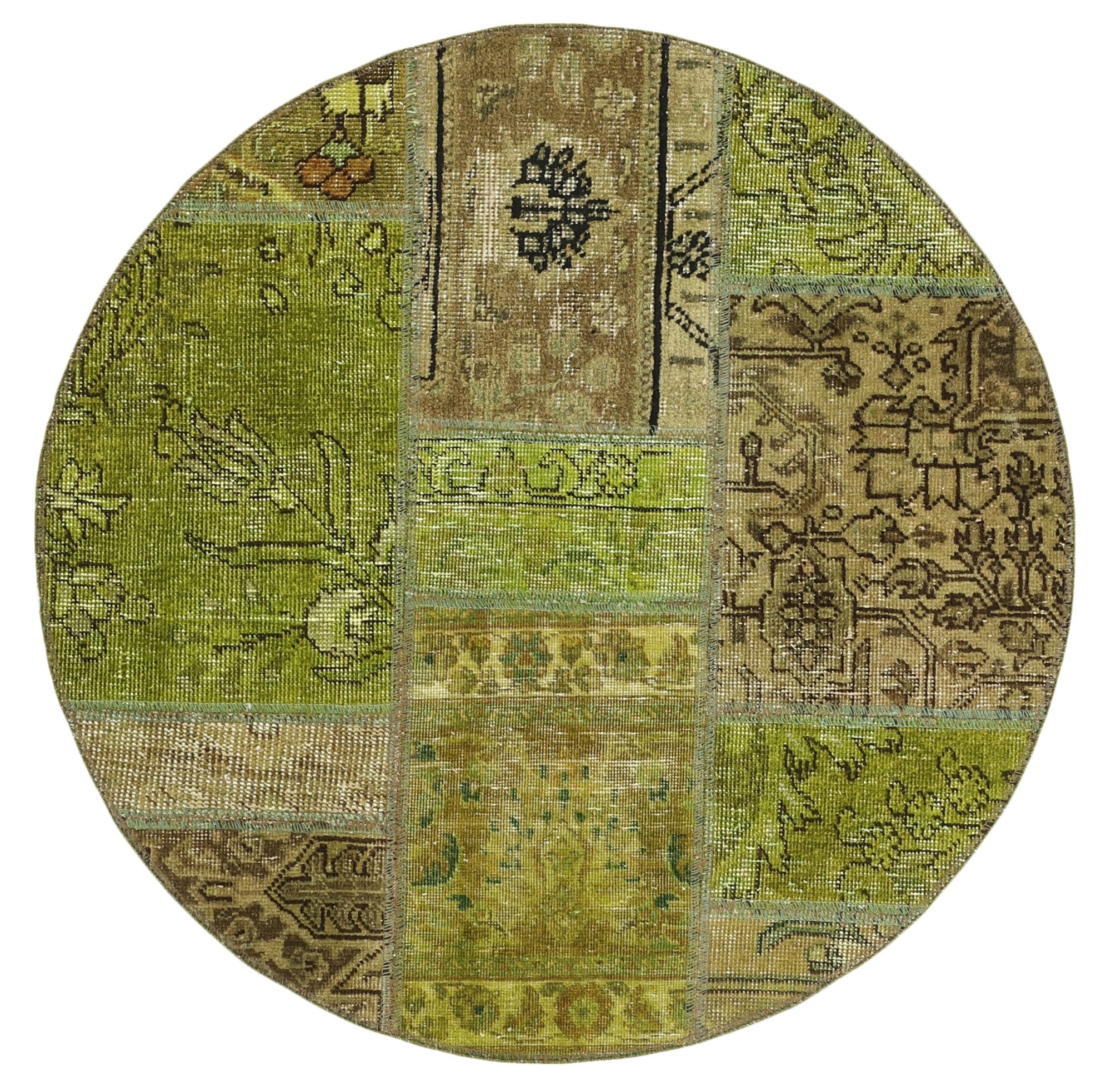 Wohnando Teppich MY-RUG Vintage Patch Work Floral & Ornamentiert 100x100cm, Rund, Höhe: 10 mm, Handgeknüpfter Teppich,Handgesponnene Wolle, mit Naturfarben gegärbt