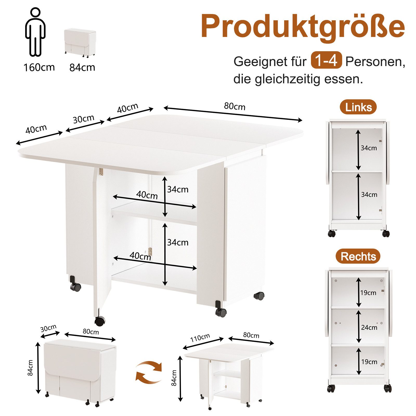 TWSOUL Esstisch Klapptisch mit Rollen & Stauraum, klappbar 30-110*84cm, Wei günstig online kaufen