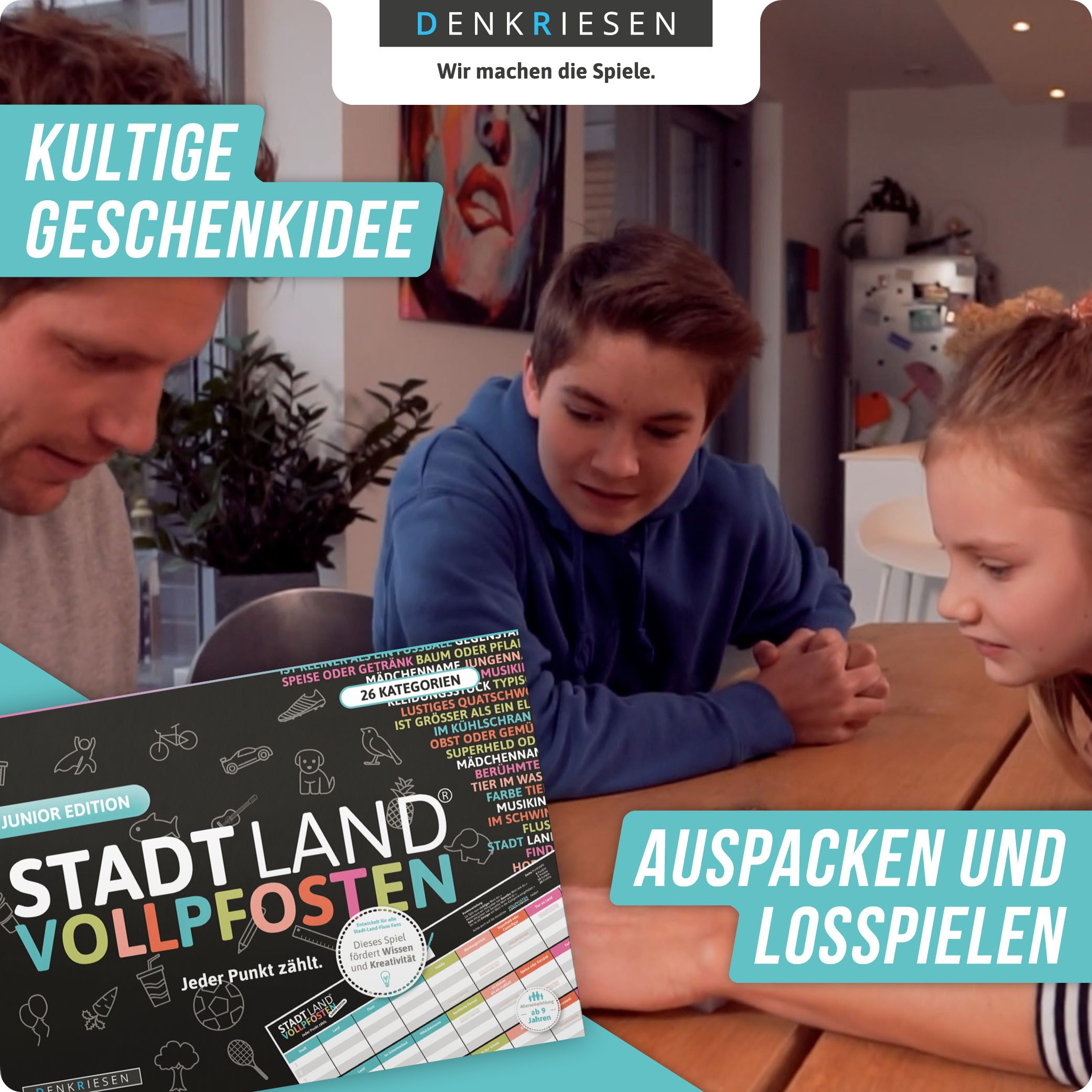 Denkriesen Spiel Stadt Land Vollpfosten, Junior Edition A4 Block, Familienspiel, Made in Germany