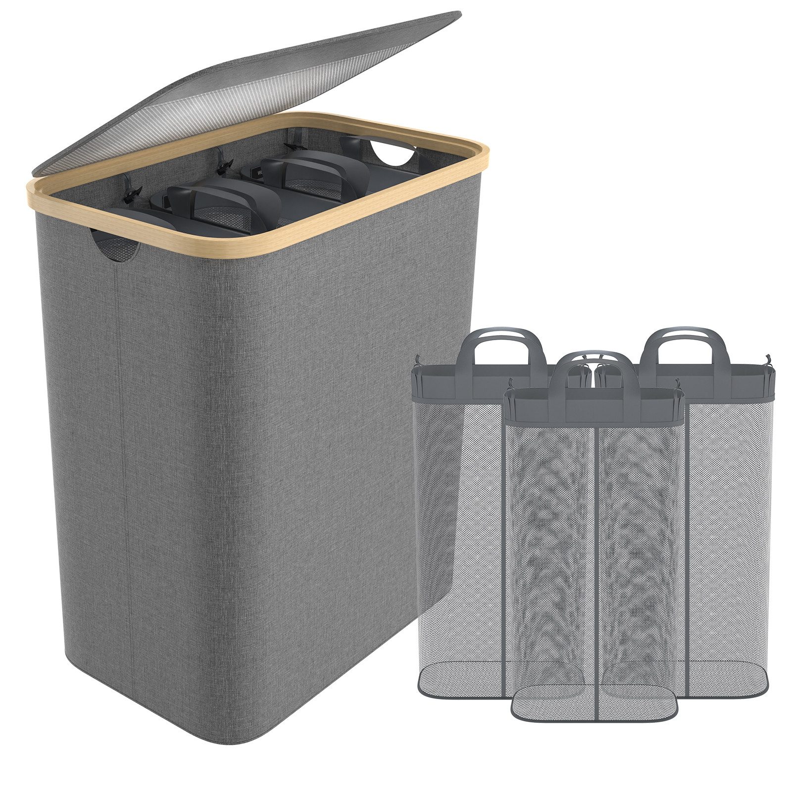 FIVMEN Wäschekorb 140L mit Deckel zur einfachen Trennung, Faltbar Wäschesammler 3 Fächer (Set, Wäschesortierer Wäschesack Wäscheboxen)