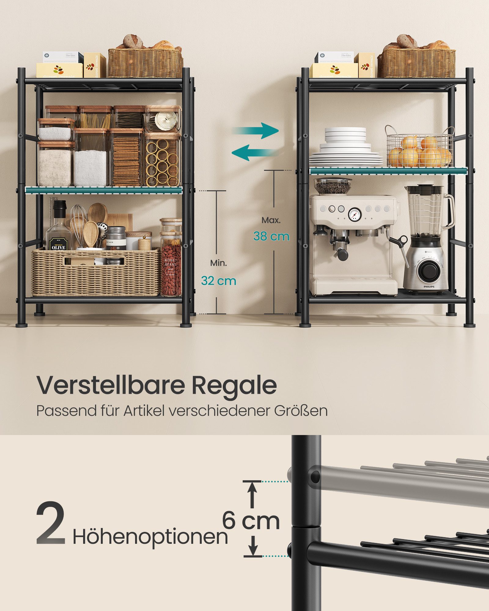 SONGMICS Standregal Metallregal mit 3 Ebenen, 40 x 30 x 77,5 cm, für Küche und Abstellraum, Robustes Haushaltsregal – Bild 3 von 5