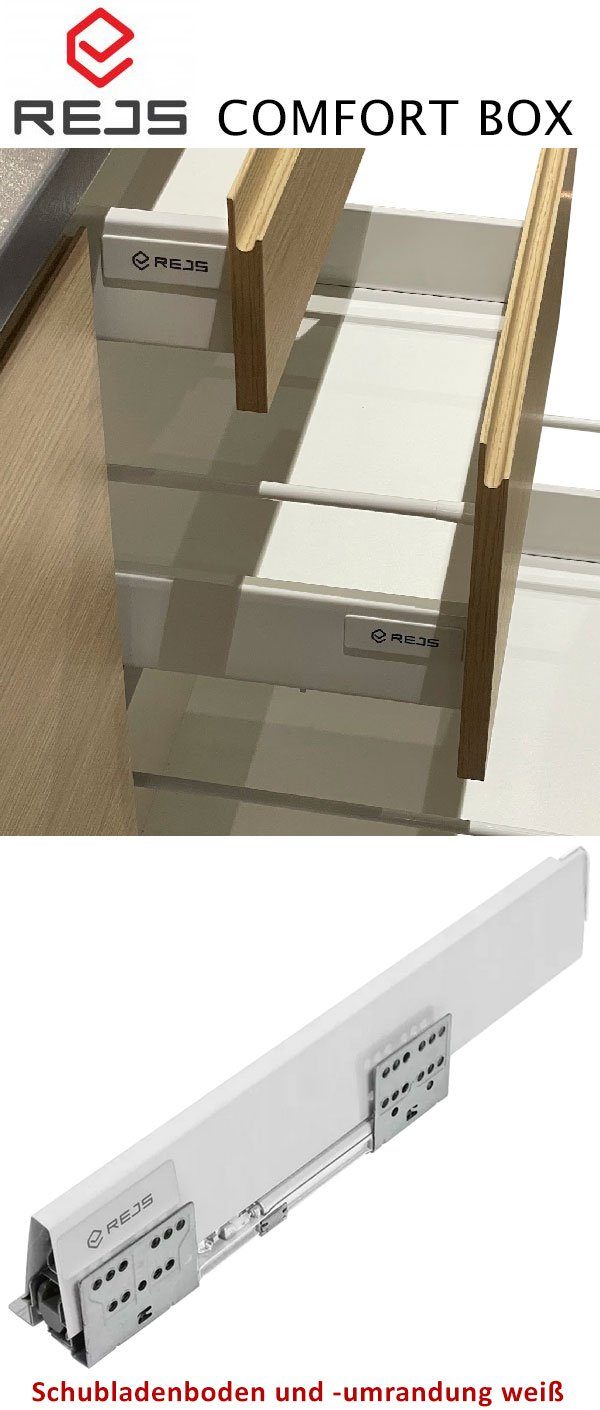 Hochglanz Korpusfarbe 7035 (Vollauszug) Front- Schublade Box, Kunststoffoberfläche, Schublade, mit 1 lackiert, grifflos Herdumbauschrank Comfort MDF) wählbar Feldmann-Wohnen 60cm RAL (Hochglanz Soft-Close-Funktion, pflegeleichter Napoli Spanplatte lichtgrau & REJS