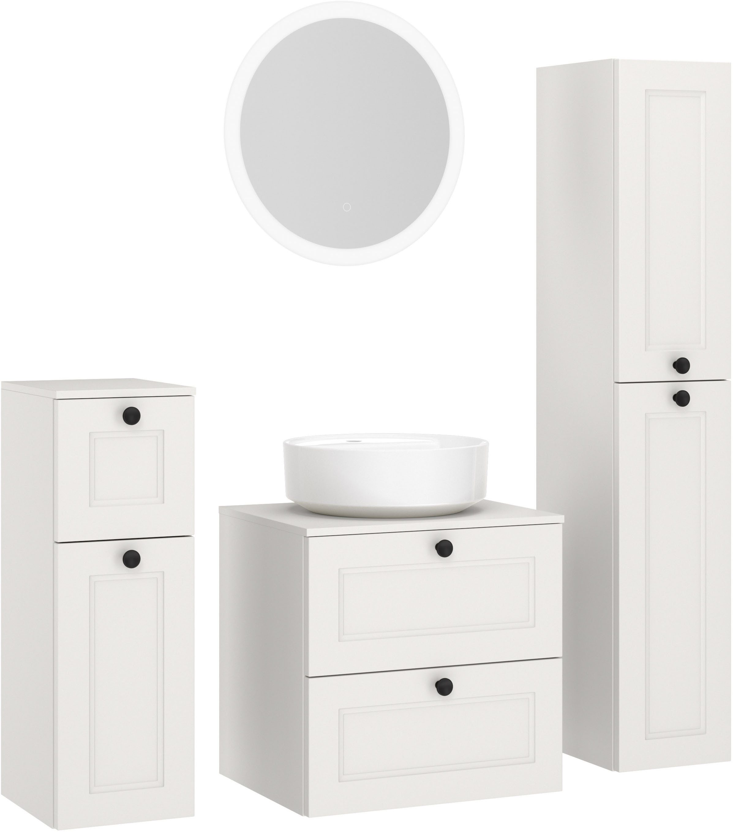 nobilia® Badmöbel-Set Cascada, (Set, 4-St., inkl. Aufsatzwaschbecken und beleuchtetem Spiegel mit Touch-Sensor), vormontiert, mit Soft-Close, in vier Breiten