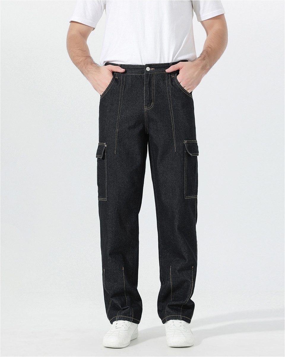 YOUTHUP Cargojeans Herren Einfarbige Freizeitjeans mit Mehrtaschen-Design Freizeithose