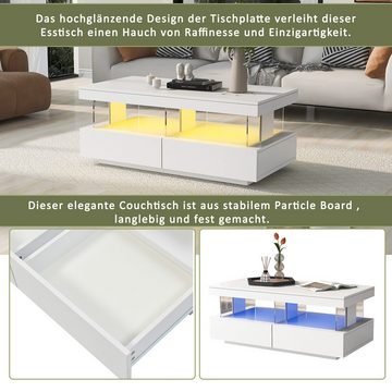 MODFU Couchtisch Sofatisch Teetisch Beistelltisch Tisch (mit LED-Beleuchtung und hochglänzender Tischplatte), Moderner Hochglanz-Sofatisch Wohnzimmertisch Hochglanzoberfläche