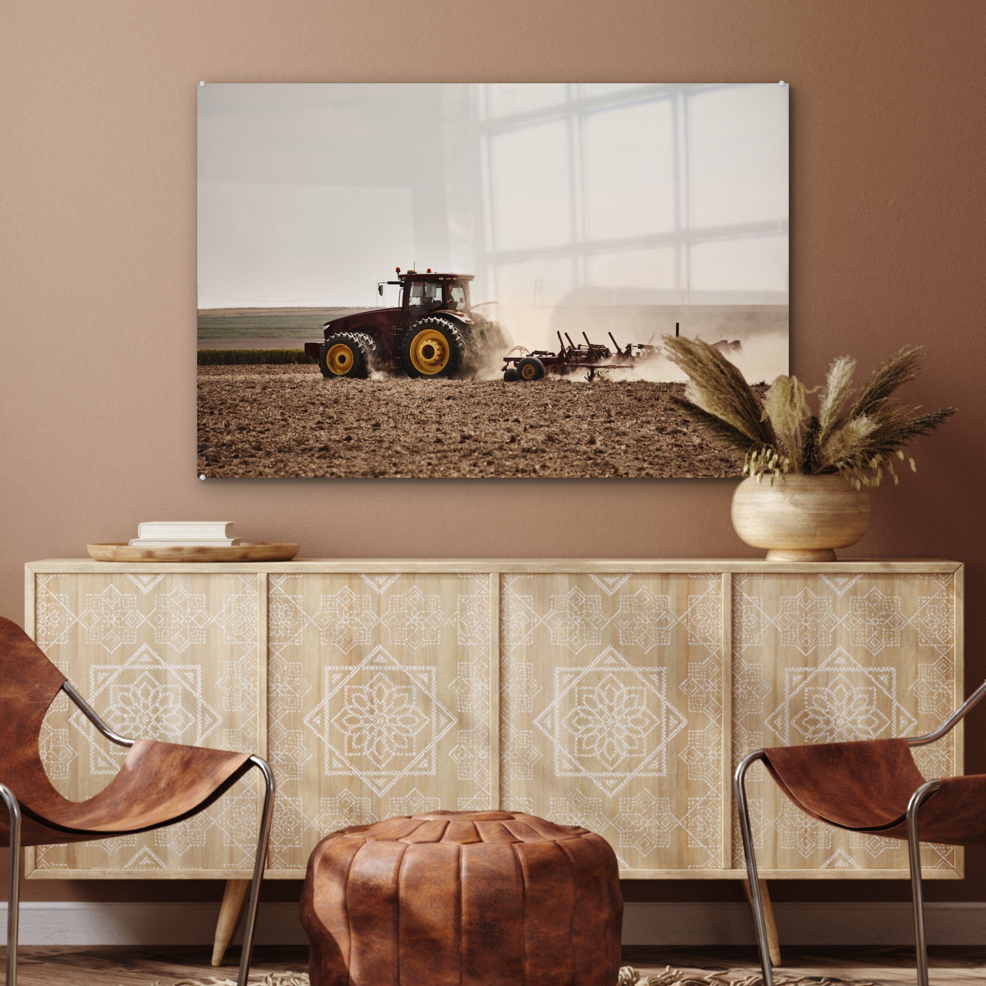 & Acrylglasbilder Schlafzimmer Traktor MuchoWow - - St), Boden, Rot (1 Wohnzimmer Acrylglasbild