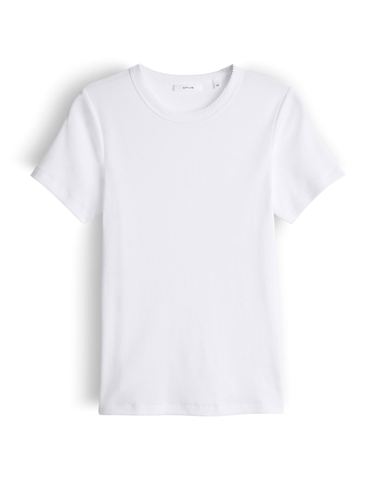 OPUS Kurzarmshirt Basicshirt aus Baumwoll Mix mit Muschelkante Schmale Passform, bogenförmige Spitzenborte