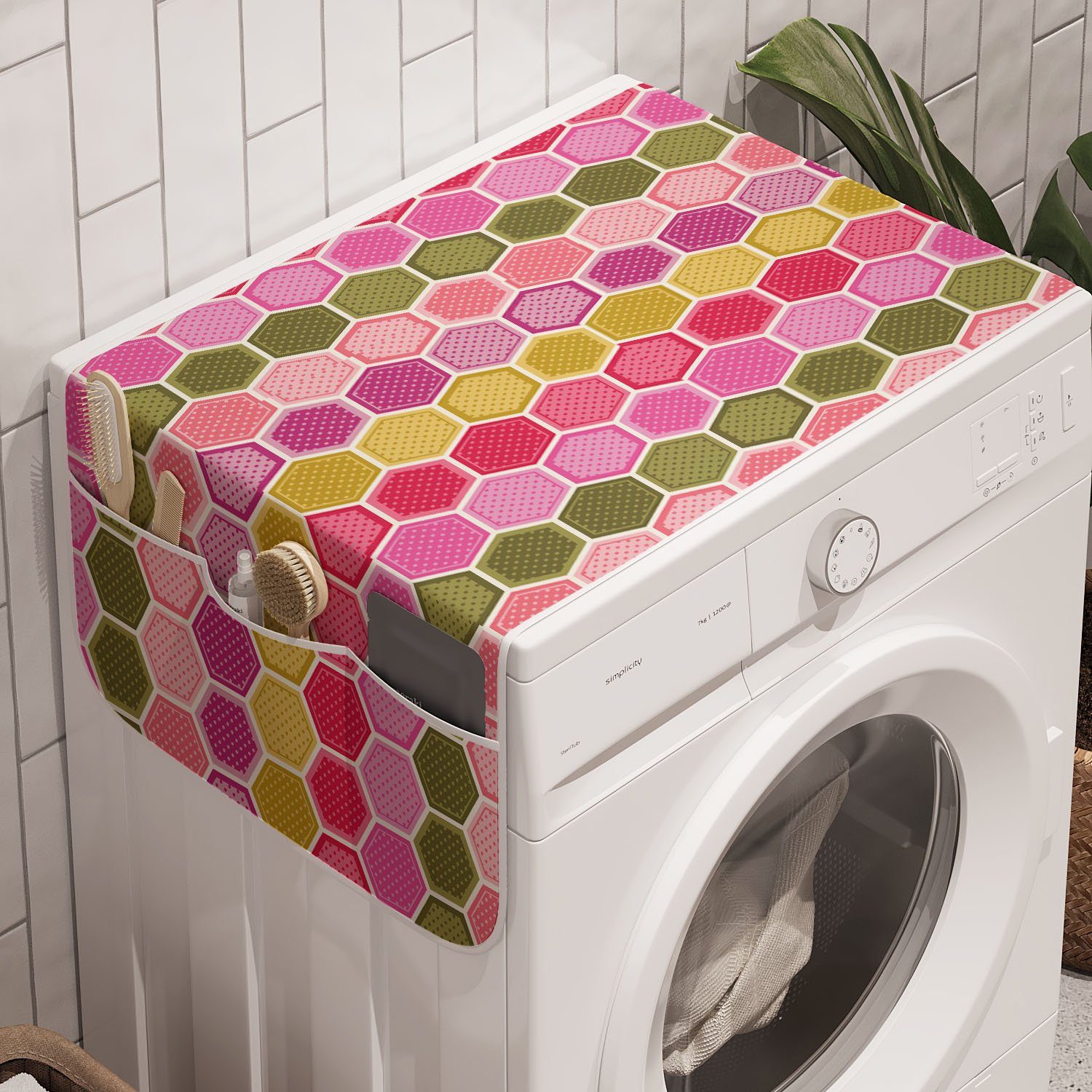 Abakuhaus Badorganizer Anti-Rutsch-Stoffabdeckung für Waschmaschine und Trockner, Geometrisch Hexagons und Punkte