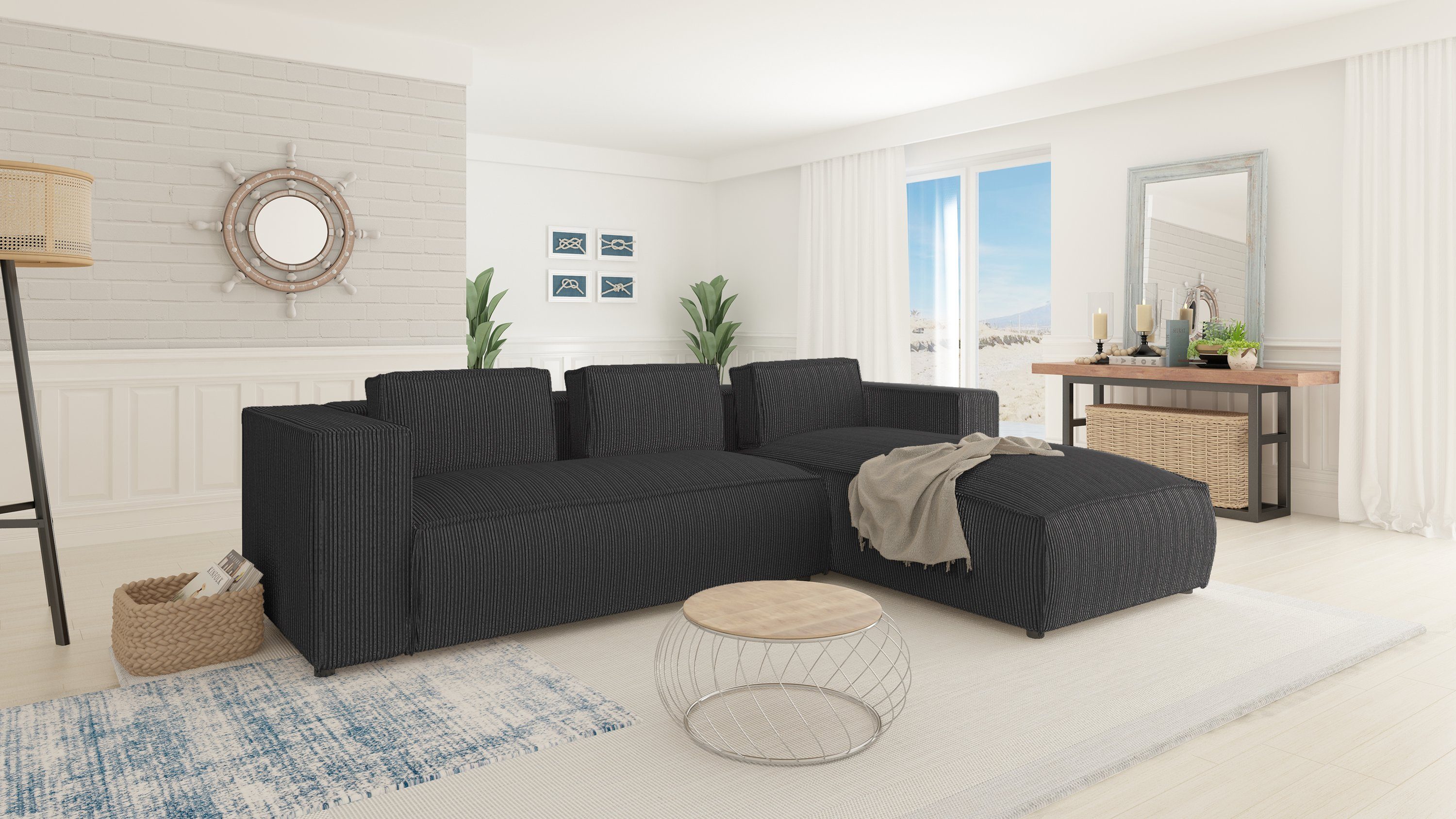 Ecksofa bestellbar in Möbel Wellenfederung Teile, Optik, links rechts Grau oder S-Style mit Moderner Renne, 2 mane