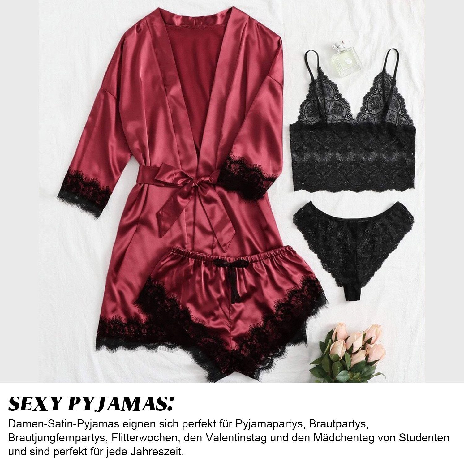 Refttenw Pyjama Damen Pyjama Sexy Satin Spitzen Schlafanzug Set mit Bademantel 4 teiliges Set, mit schönen Spitzendetails