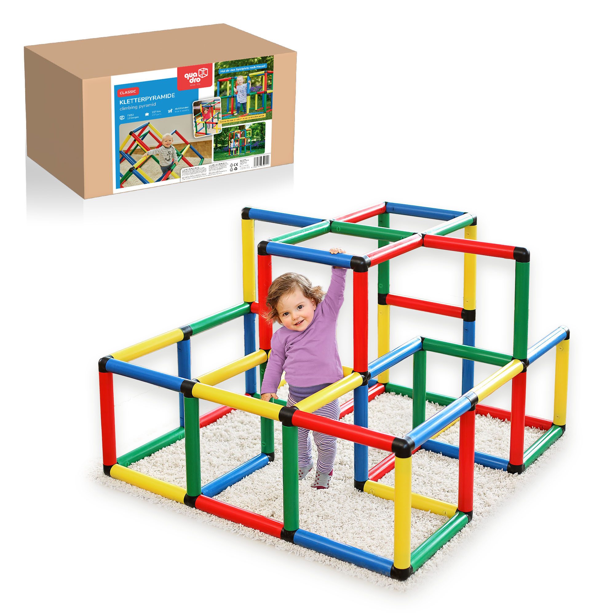 QUADRO Klettergerüst Kletterpyramide, (Montessori-inspiriertes Set, 237-St., 16 Modellideen für optimale motorische Entwicklung), Modulares Stecksystem, ab 12 Monaten, Made in Germany, UV-stabil