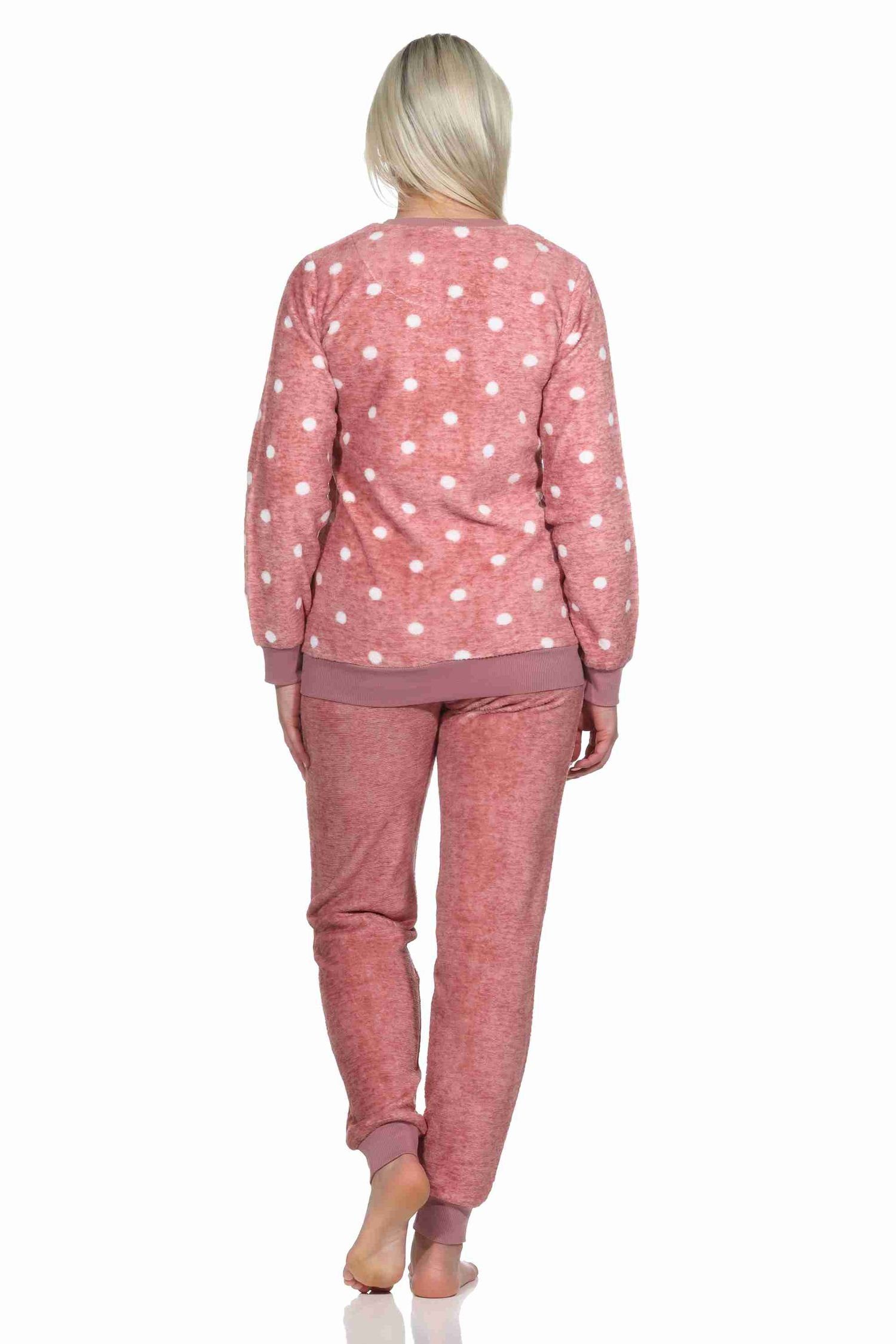 Bündchen Optik Schlafanzug Normann mit warmer Kuschelig Pyjama Tupfen Damen langarm rosa