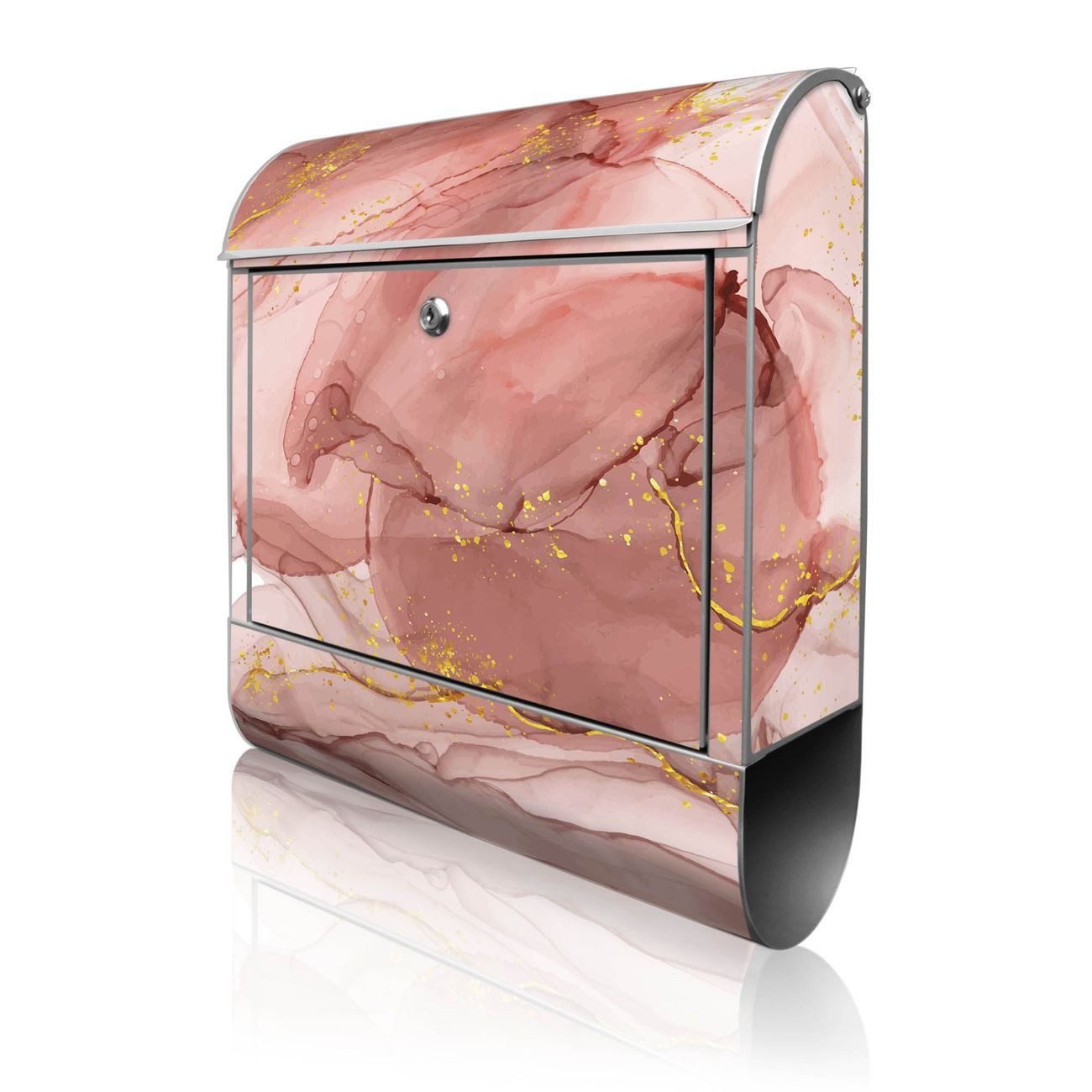 banjado Wandbriefkasten Silber Stahl mit Motiv Rosa Marmor mit Gold 1 (Wandbriefkasten witterungsbeständig, pulverbeschichtet, mit Zeitungsfach), 47 x 39 x 14 cm