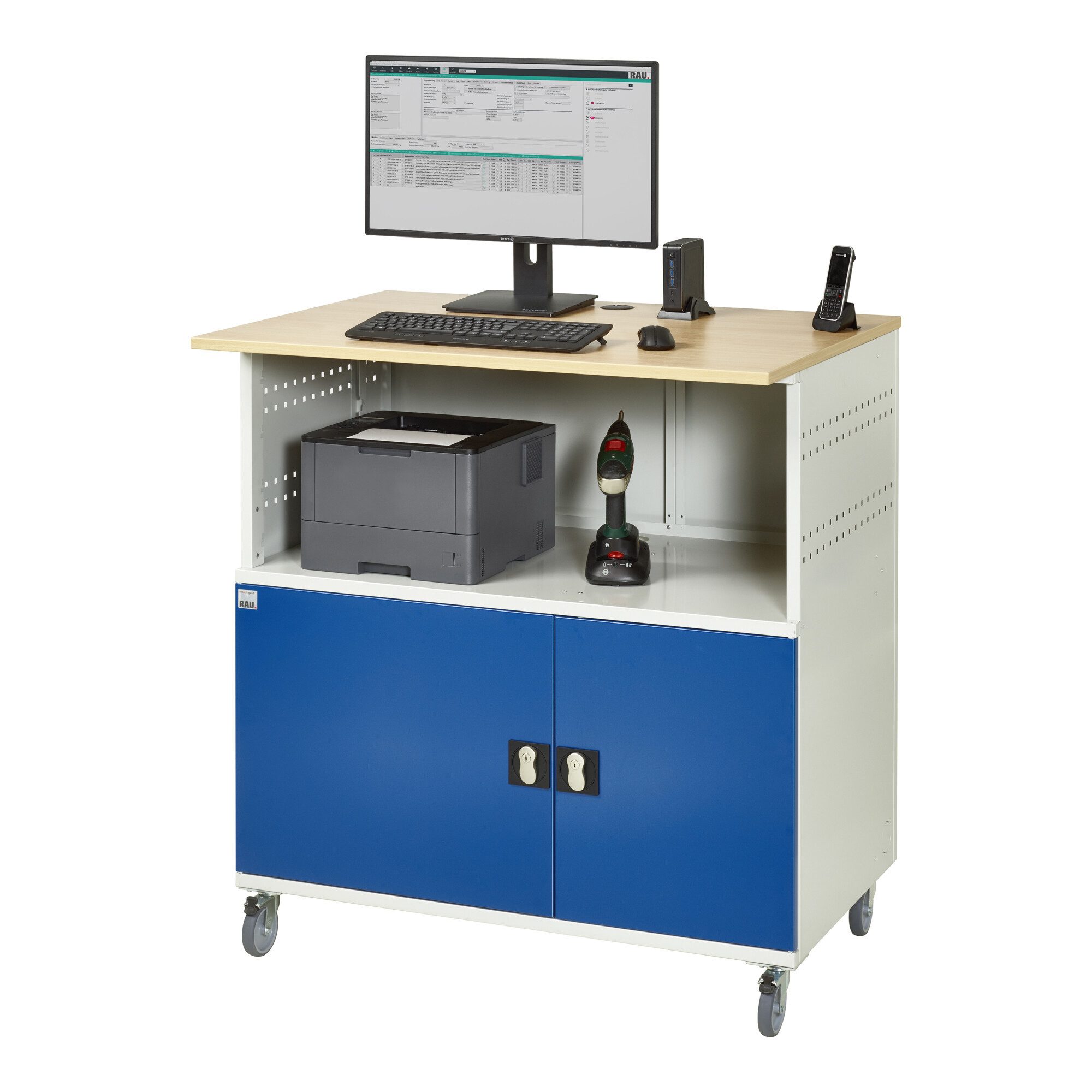 RAU Büromöbel-Set Rau Computer-Tisch ohne Monitorengehäuse mobil BxTxH 1100x800x1100mm