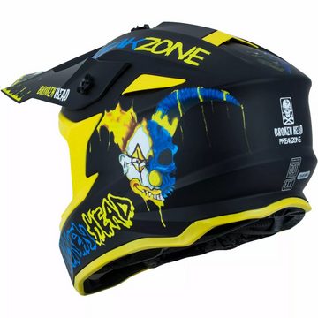 Broken Head Motocrosshelm Freakzone Schwarz-Gelb-Blau (Mit MX-Brille Regulator Blau), Verrücktes Clown-Design