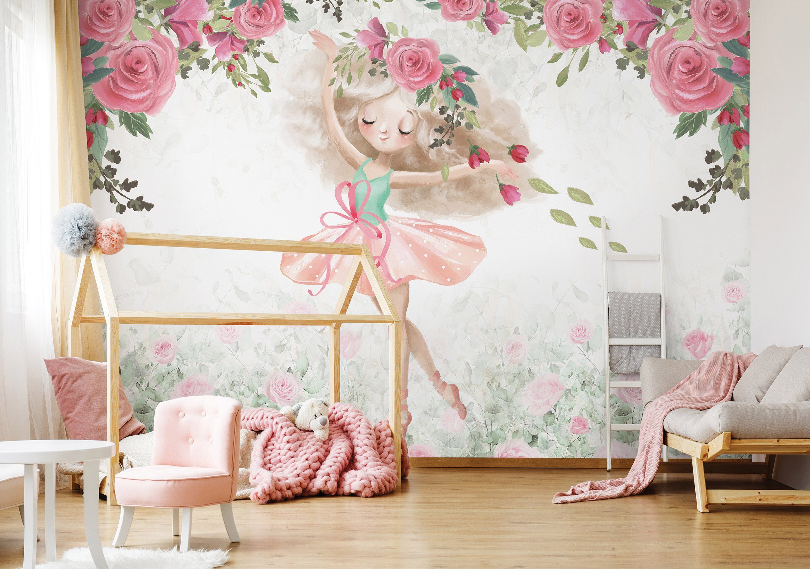 Wallarena Fototapete Kinderzimmer Mädchen Baby Ballerina Blumen Blätter Ros günstig online kaufen