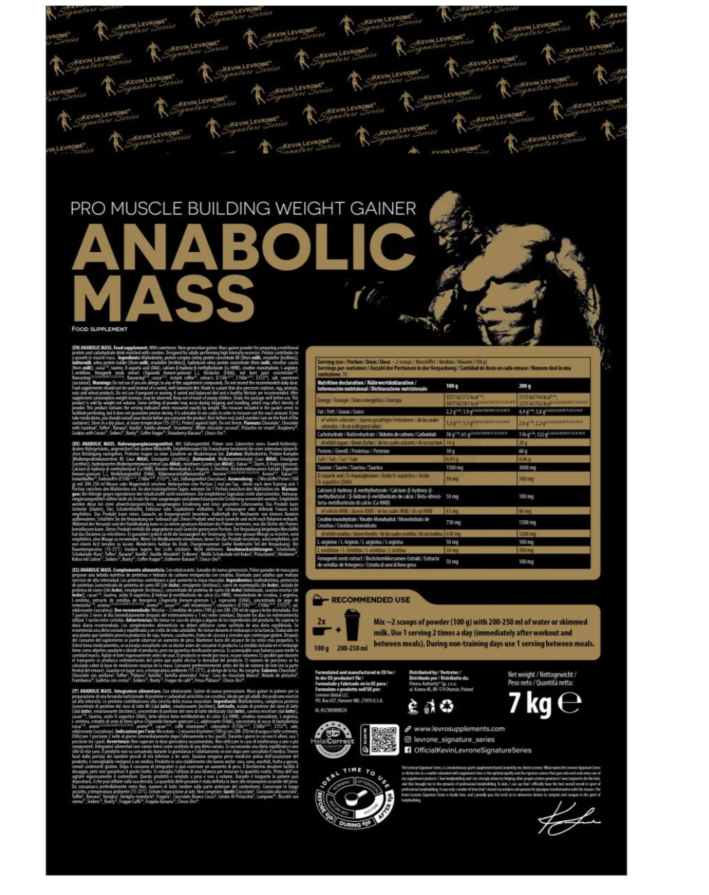 Kevin Levrone ANABOLIC MASS 7kg Kohlenhydrate Protein Eiweiß Kreatin Creatine Pulver, 1 er Dose à 1 St., 7000 g, enthält Molkenproteinkonzentrat, Kasein, Kreatinmonohydrat
