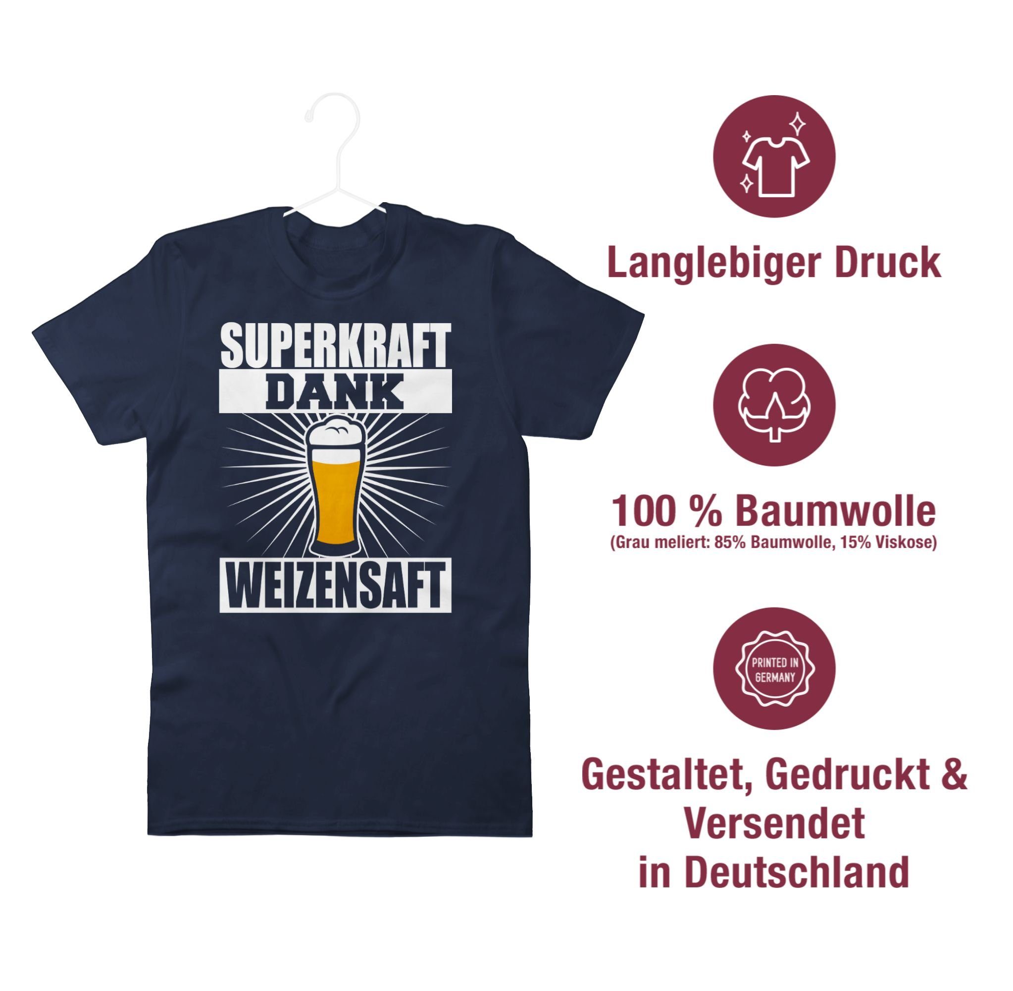 Spruch Shirtracer weiß mit Navy Blau 2 Superkraft dank T-Shirt Sprüche Weizensaft - Statement