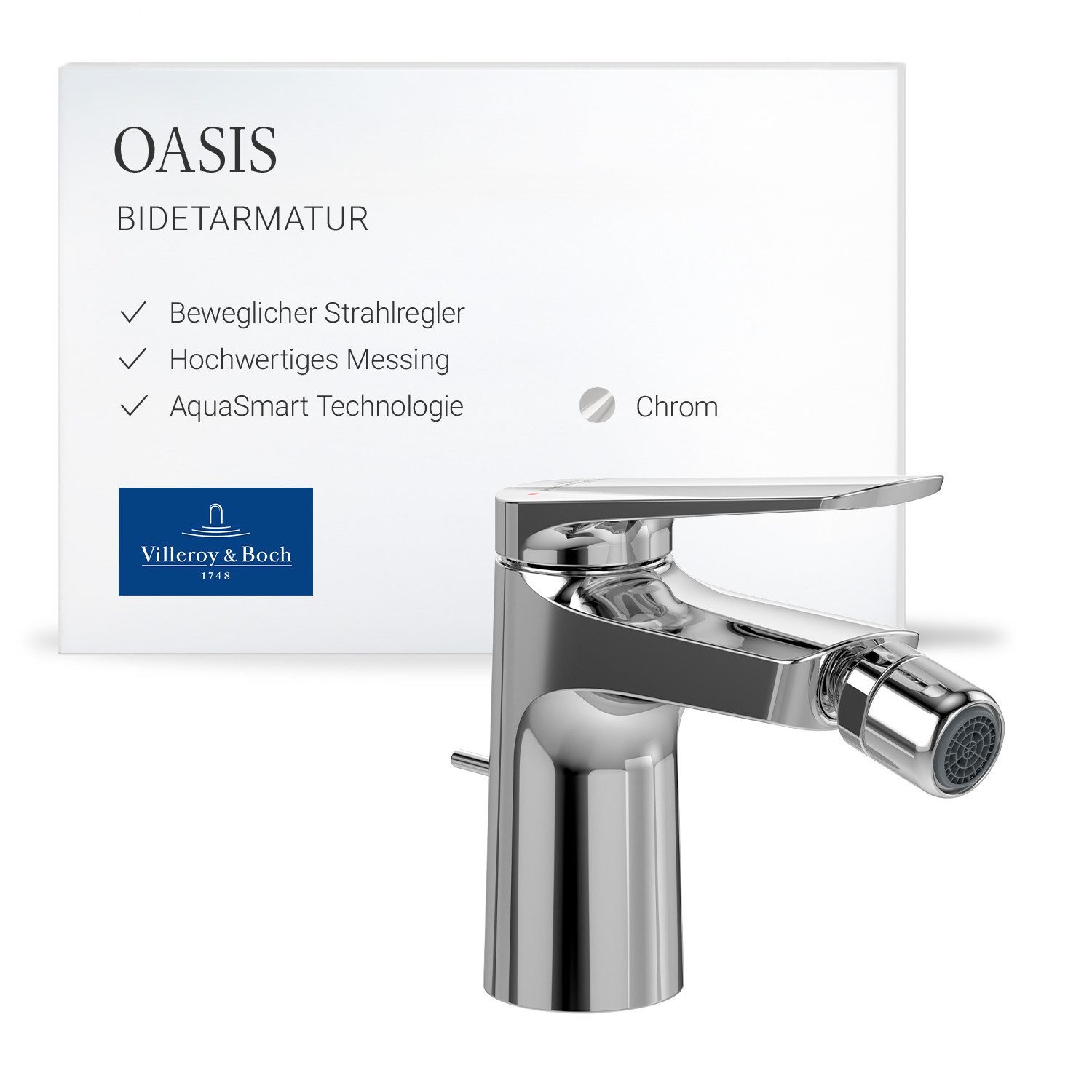 Villeroy & Boch Bidetarmatur Oasis Einhebel Bidet Wasserhahn mit Zugstange und Keramikkartusche, Bidetmischer