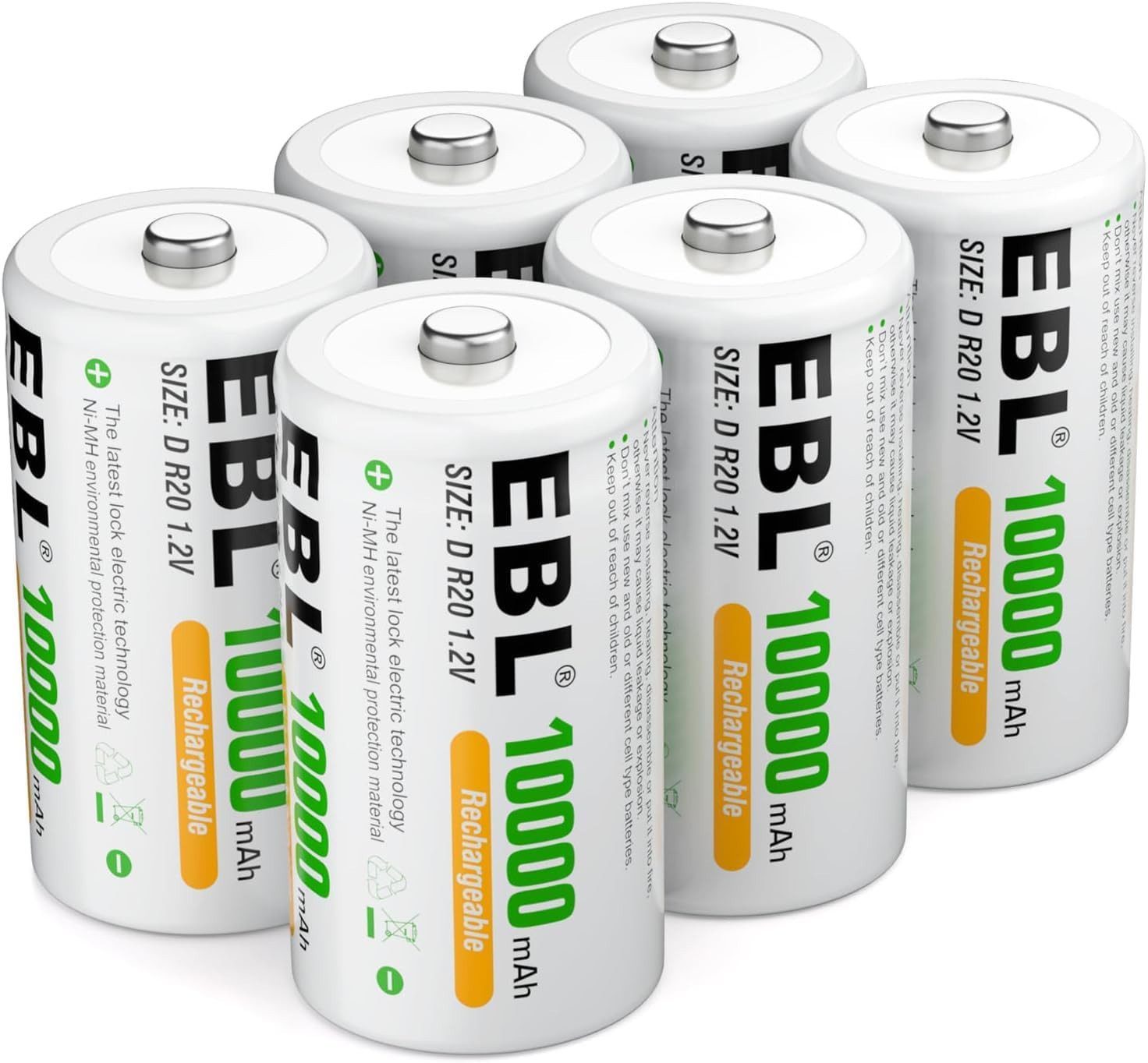 EBL Power vorgeladener D Mono NiMH Akku, 10000mAh Wiederaufladbare Batterie, (6 St)