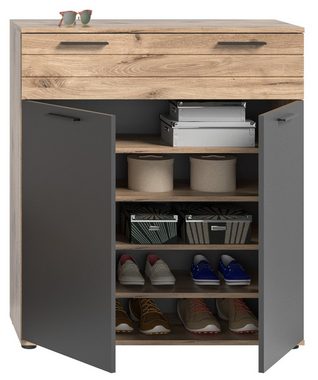 möbelando Schuhschrank Missoula Moderner Schuhschrank, Korpus aus Spanplatte in Nox Oak, Front aus MDF in Basalt Grau mit abgesetzter Rillenoptik in Nox Oak, mit 2 Schubkästen, 2 Türen und 5 Ablageböden. Breite 90 cm, Höhe 104 cm, Tiefe 37 cm