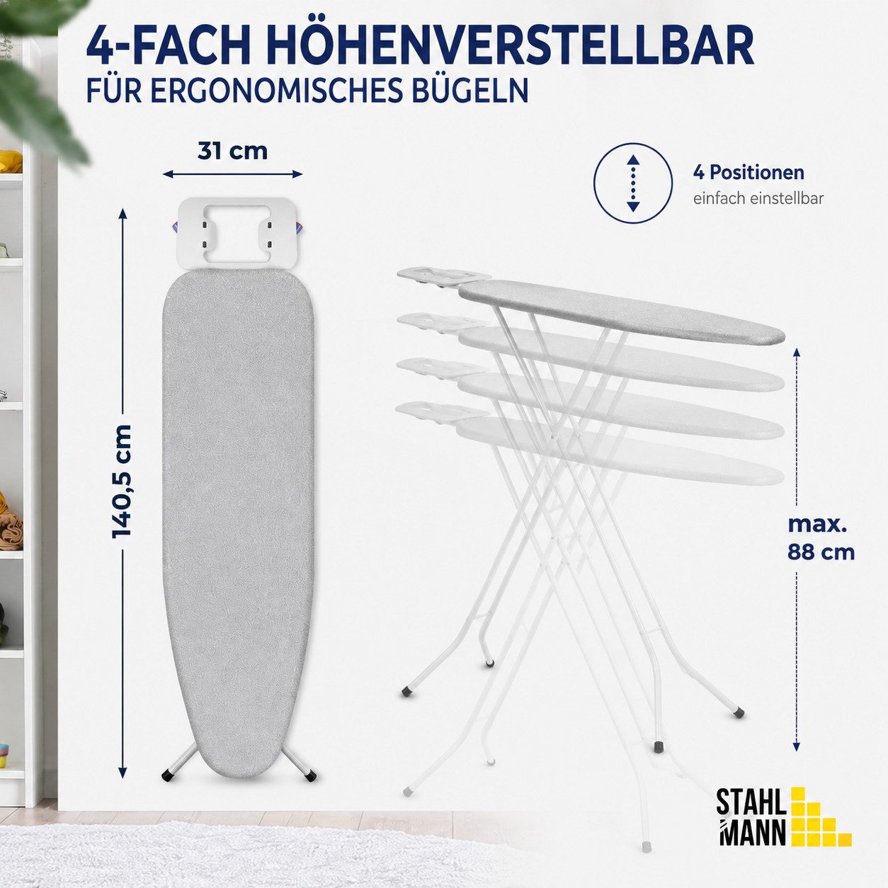STAHLMANN COMMERCE GmbH Bügelbrett Bügelbrett [110 × 32 cm] 4-fach höhenverstellbar Made in EU, Bügelfläche 110x32 cm, 110 × 32 cm · 4-fach höhenverstellbar · M – Bild 3 von 5