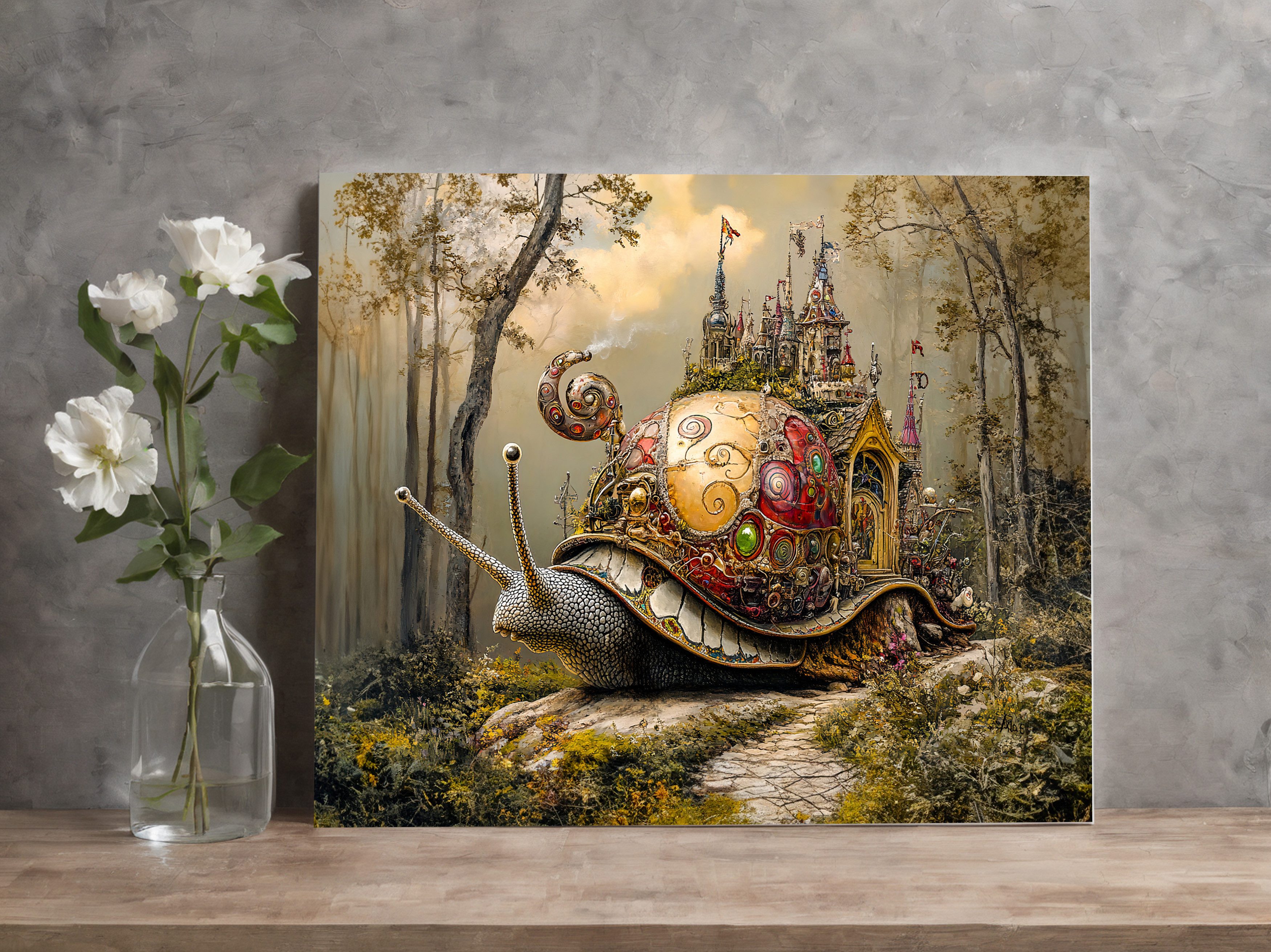 raxxa Leinwandbild "Snail with Castle on Its Shell in Fantasy Scene", Fotodruck