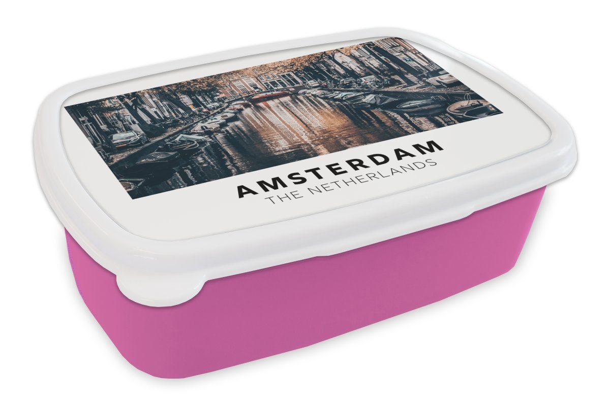 MuchoWow Lunchbox Amsterdam - Niederlande - Wasser, Kunststoff, (2-tlg), Brotbox für Erwachsene, Brotdose Kinder, Snackbox, Mädchen, Kunststoff rosa