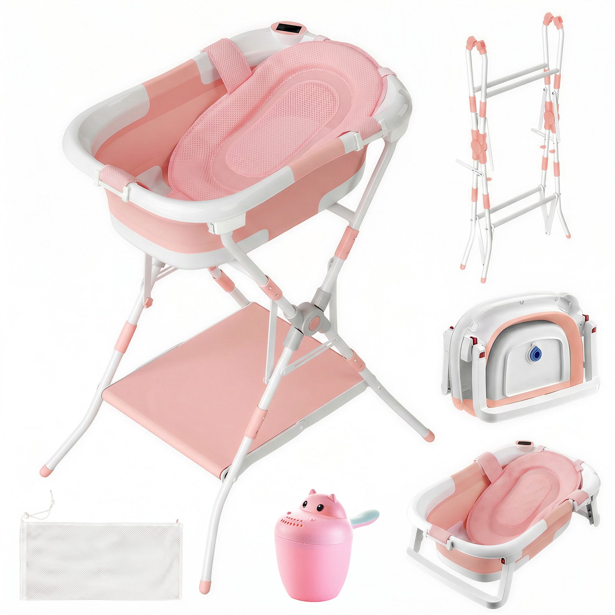 SEHAUSEU Babybadewanne Babywanne Badewanne mit Gestell faltbar, mit Thermometer, mit Abflussschlauch, Badeauflage, Ablagebrett, Haarwaschbecher