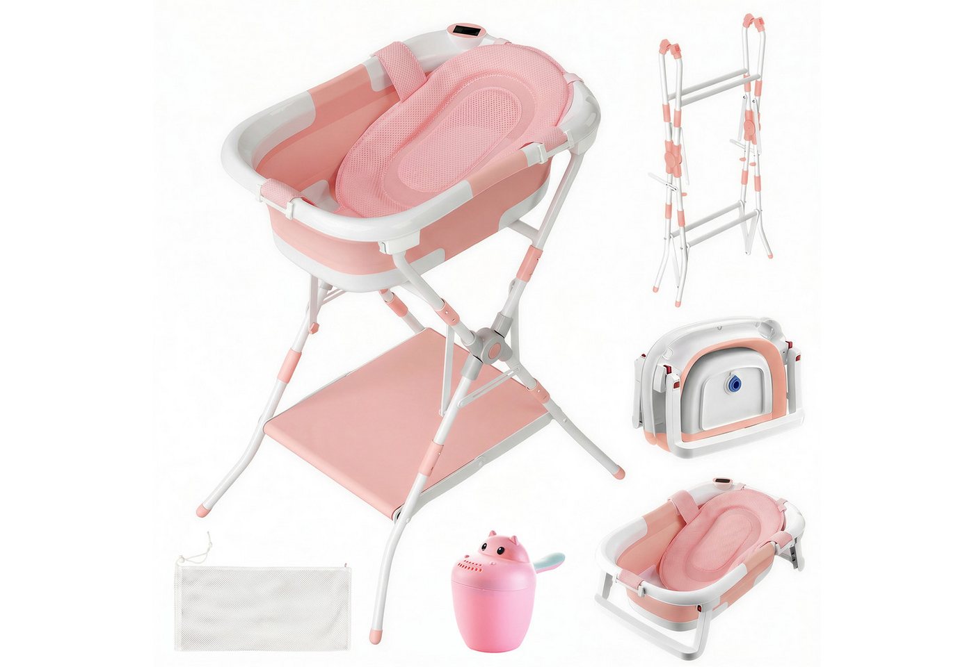 SEHAUSEU Babybadewanne Babywanne Badewanne mit Gestell faltbar, mit Thermometer, mit Abflussschlauch, Badeauflage, Ablagebrett, Haarwaschbecher