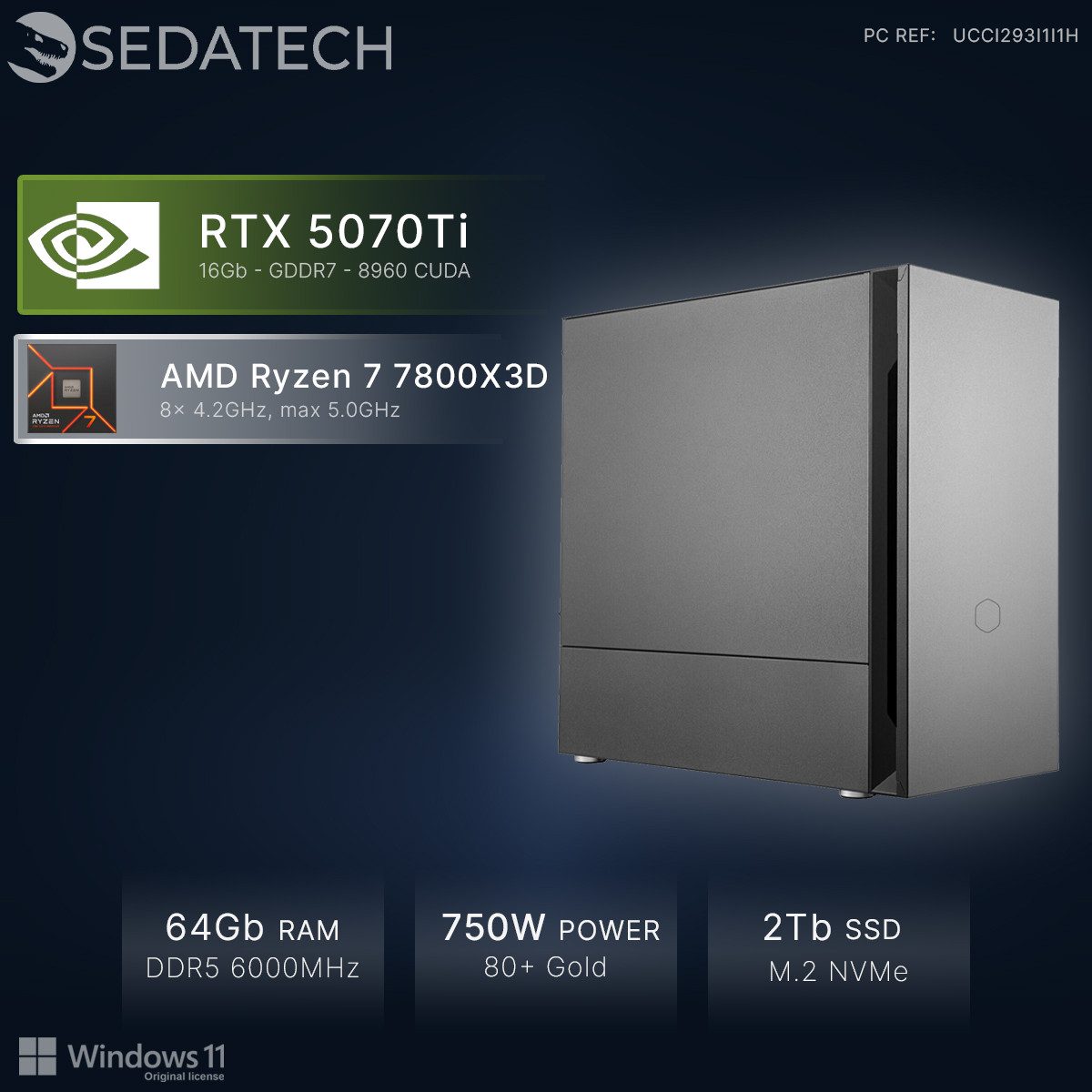 Sedatech UCCI293I1I1HF - Gaming-PC (AMD Ryzen 7 7800X3D 8x 4.2GHz (max 5.0GHz), Geforce RTX5070Ti 16GB, 64 GB RAM, 2000 GB SSD, Wlan 6E)